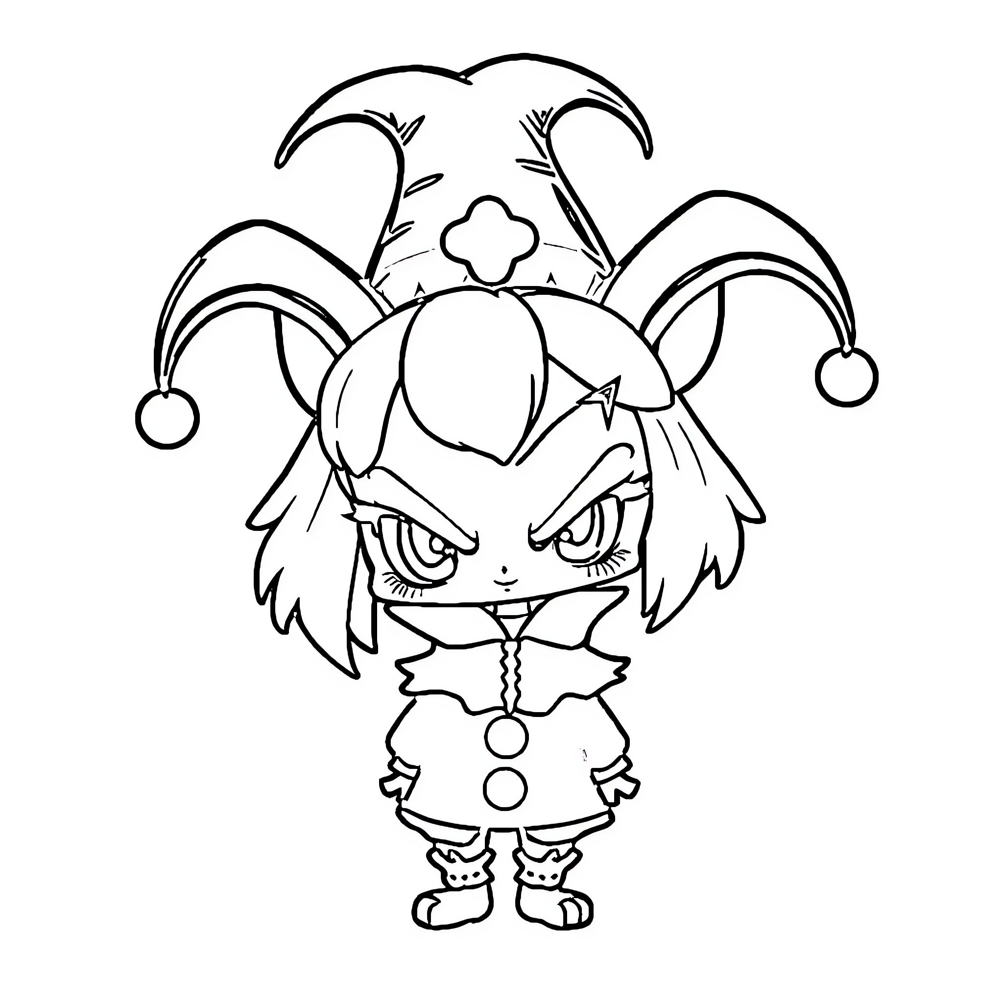 Kuromi depicted as a mischievous jester character Coloring Page (free black-and-white line drawing printable PDF for all, from beginners to advanced learners, including children, teens, adults, and seniors)