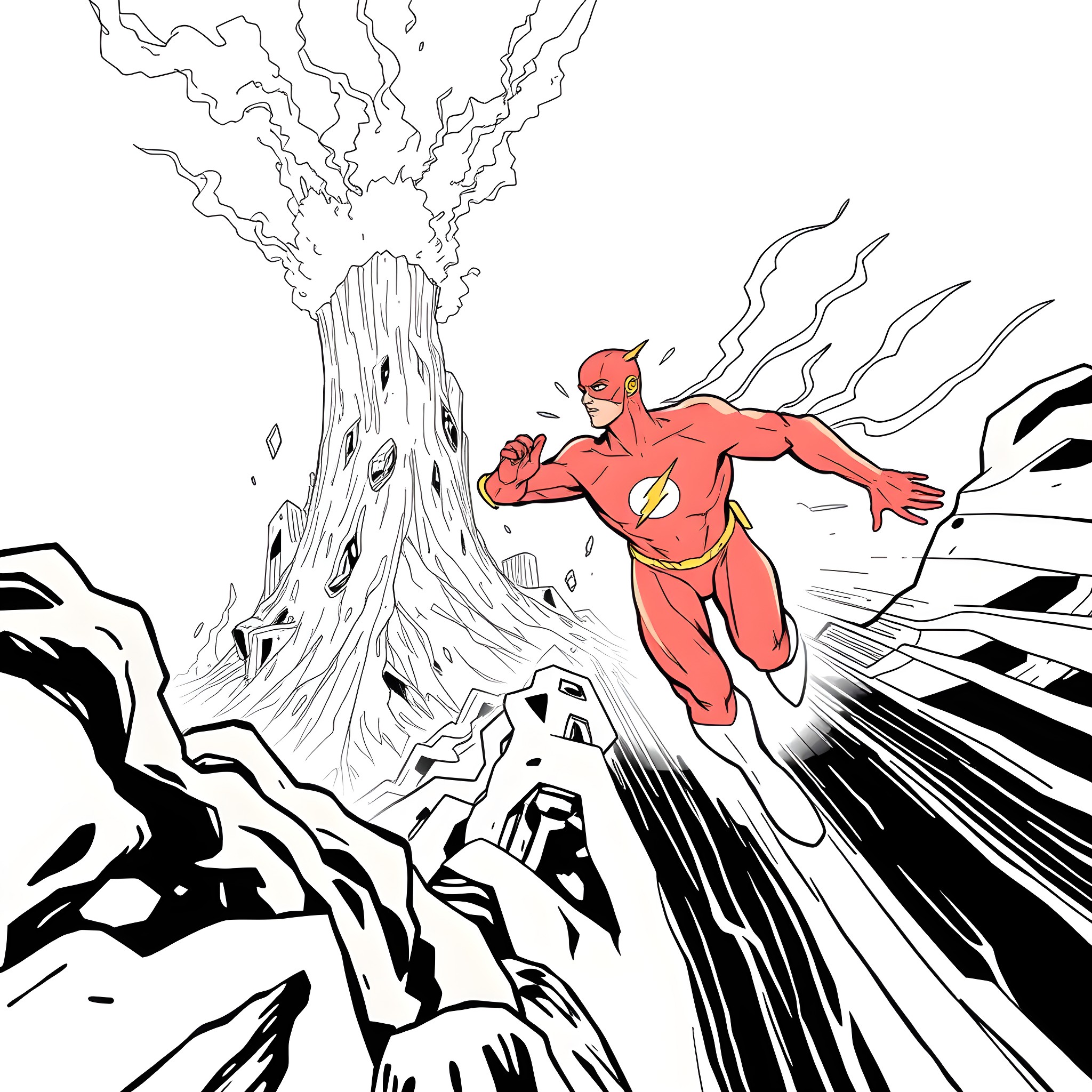 Flash powers through epic storm Coloring Page (free black-and-white line drawing printable PDF for all, from beginners to advanced learners, including children, teens, adults, and seniors)