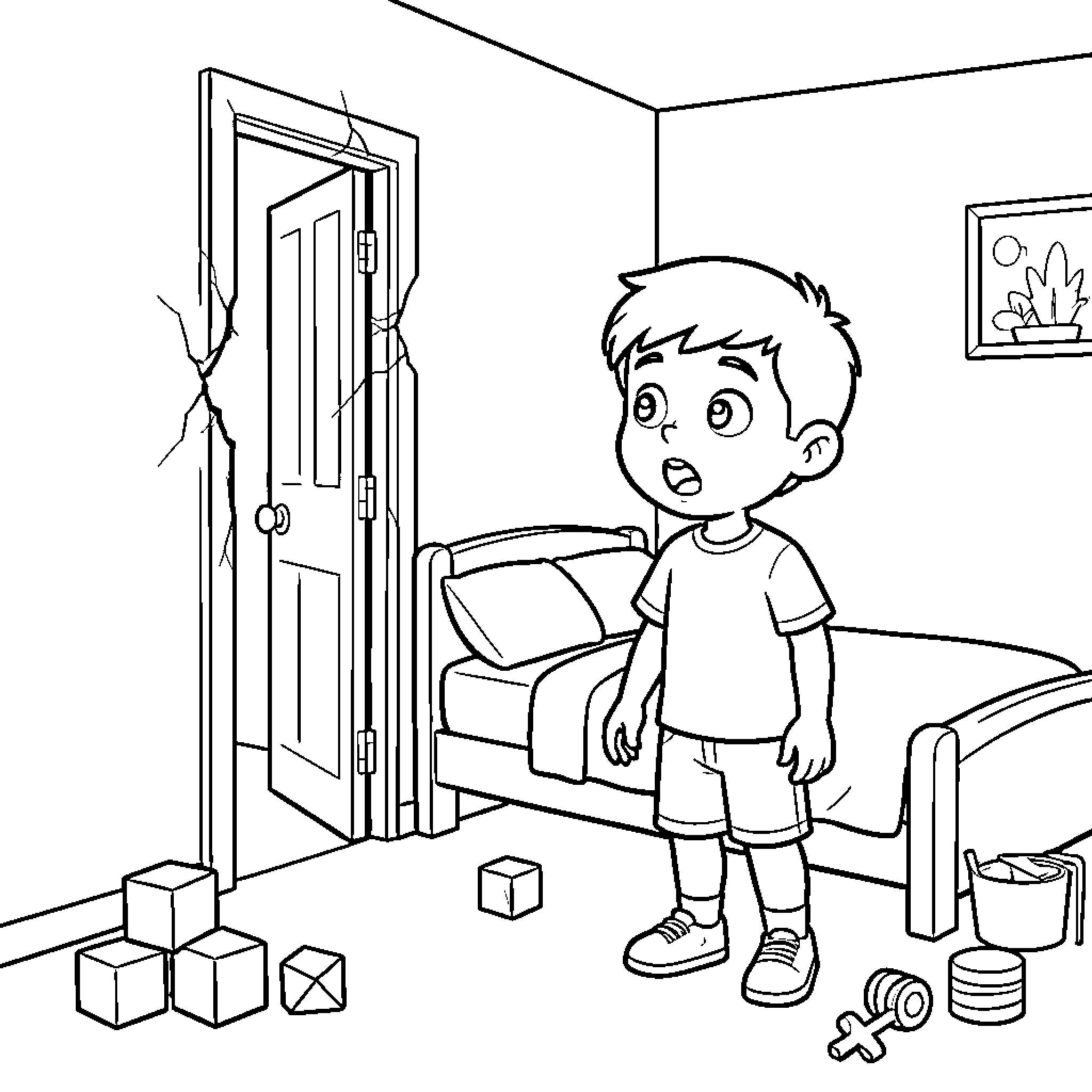 Boy surprised by mess in his room Coloring Page (free black-and-white line drawing printable PDF for all, from beginners to advanced learners, including children, teens, adults, and seniors)