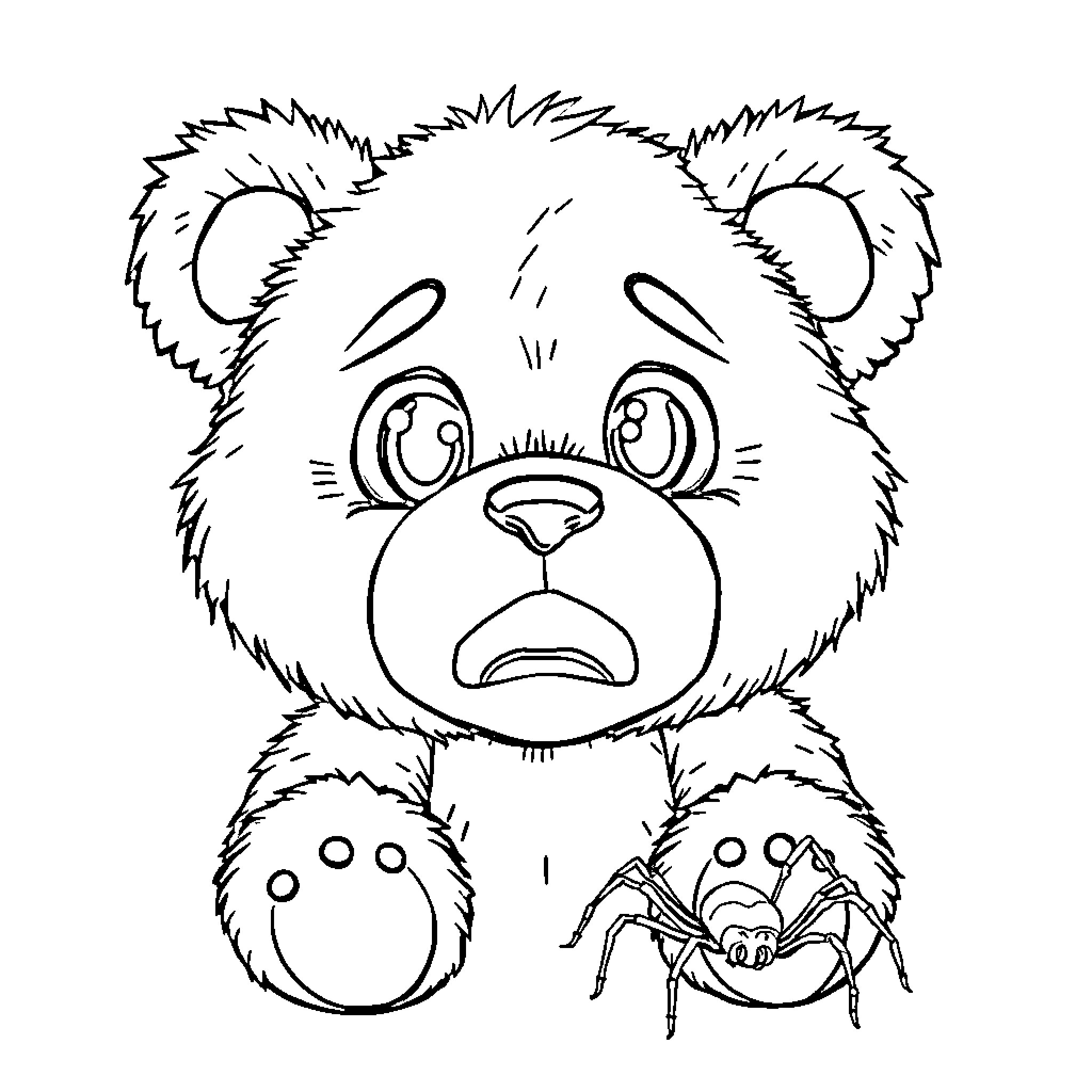 Teddy Bear with a Frightened Expression Coloring Page (free black-and-white line drawing printable PDF for all, from beginners to advanced learners, including children, teens, adults, and seniors)