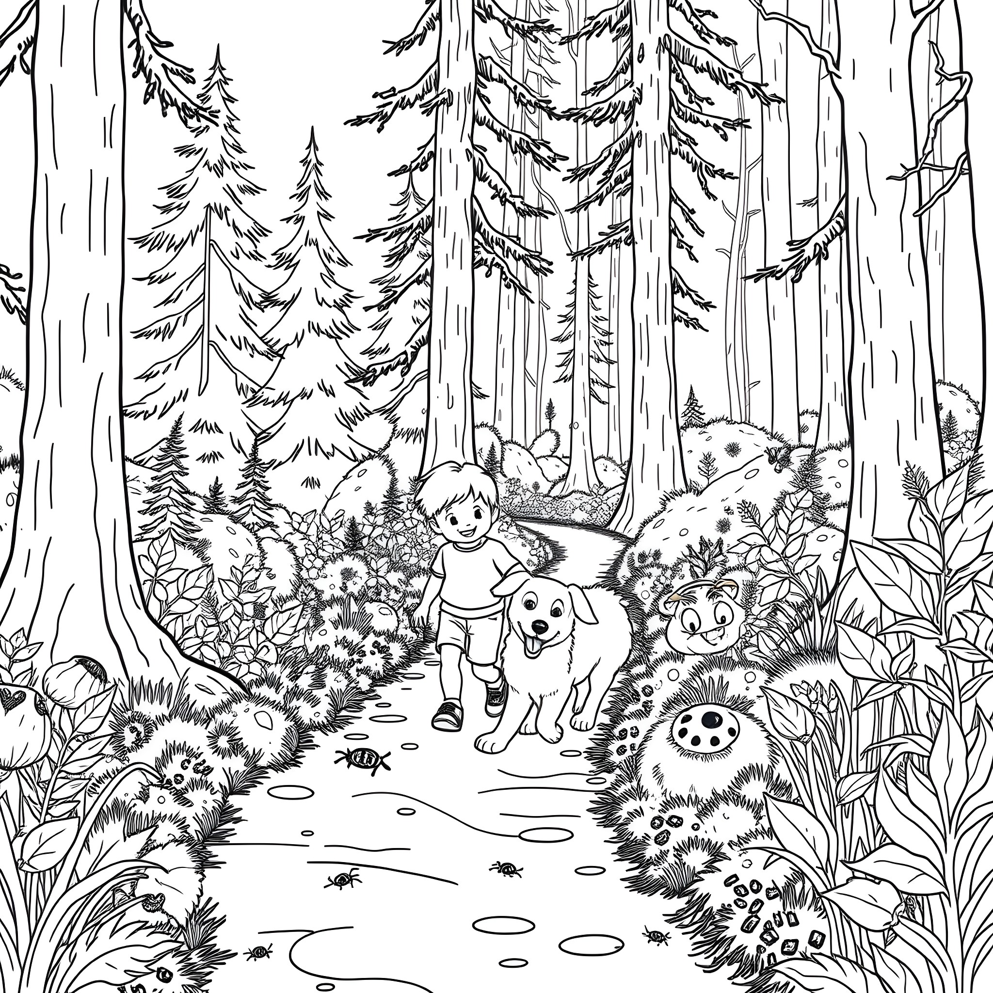 Kid exploring a magical forest with furry friends Coloring Page (free black-and-white line drawing printable PDF for all, from beginners to advanced learners, including children, teens, adults, and seniors)