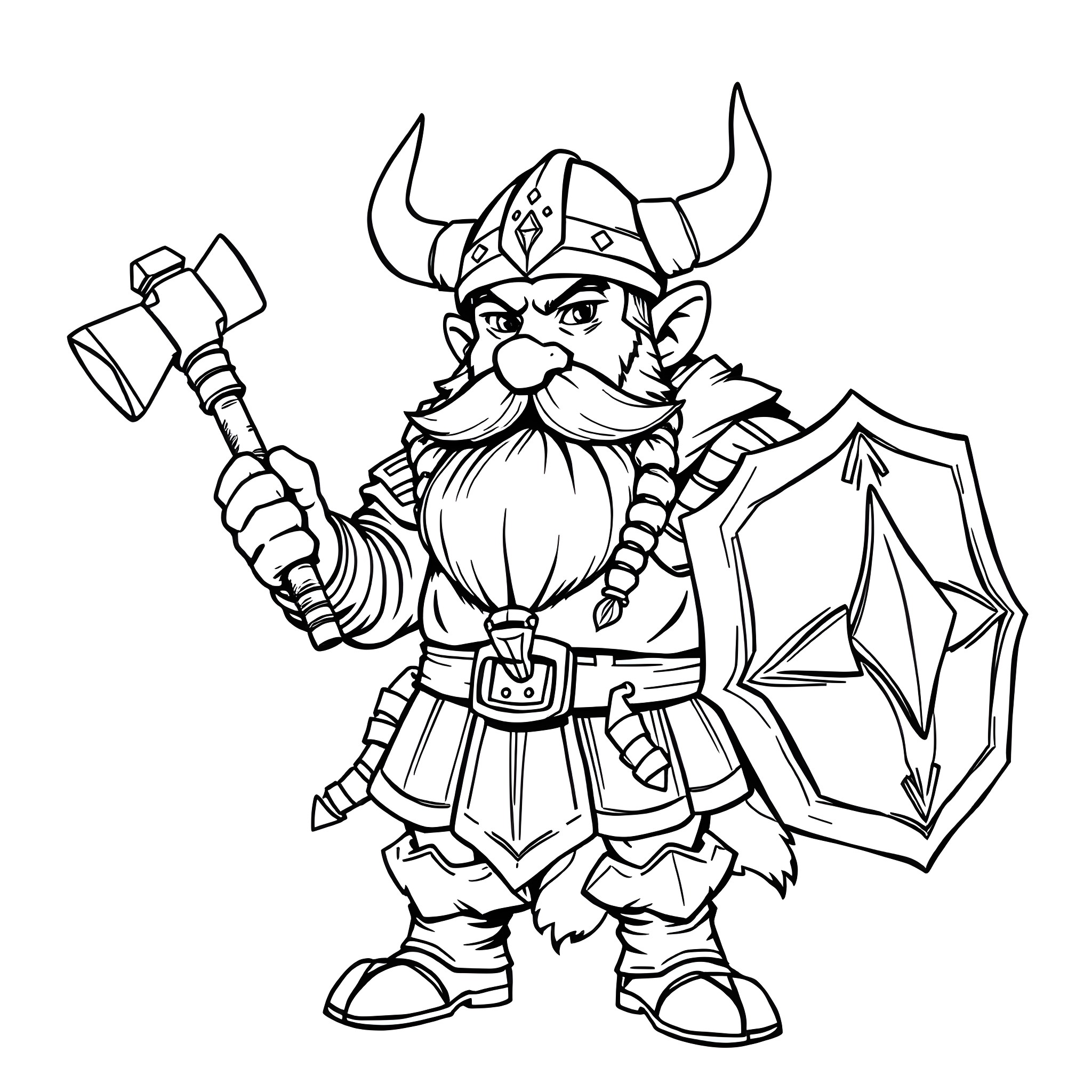 Dwarf warrior wielding axe and shield Coloring Page (free black-and-white line drawing printable PDF for all, from beginners to advanced learners, including children, teens, adults, and seniors)