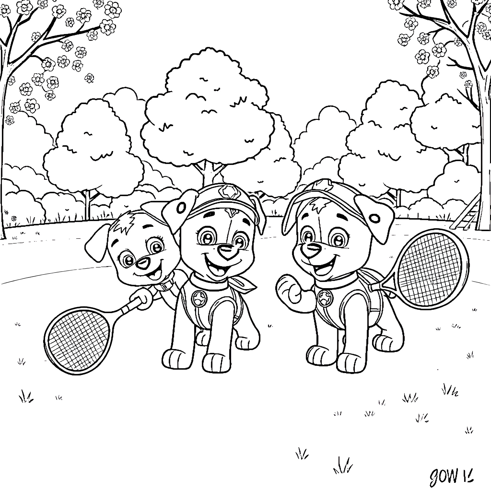Paw Patrol pups playing tennis in the park Coloring Page (free black-and-white line drawing printable PDF for all, from beginners to advanced learners, including children, teens, adults, and seniors)