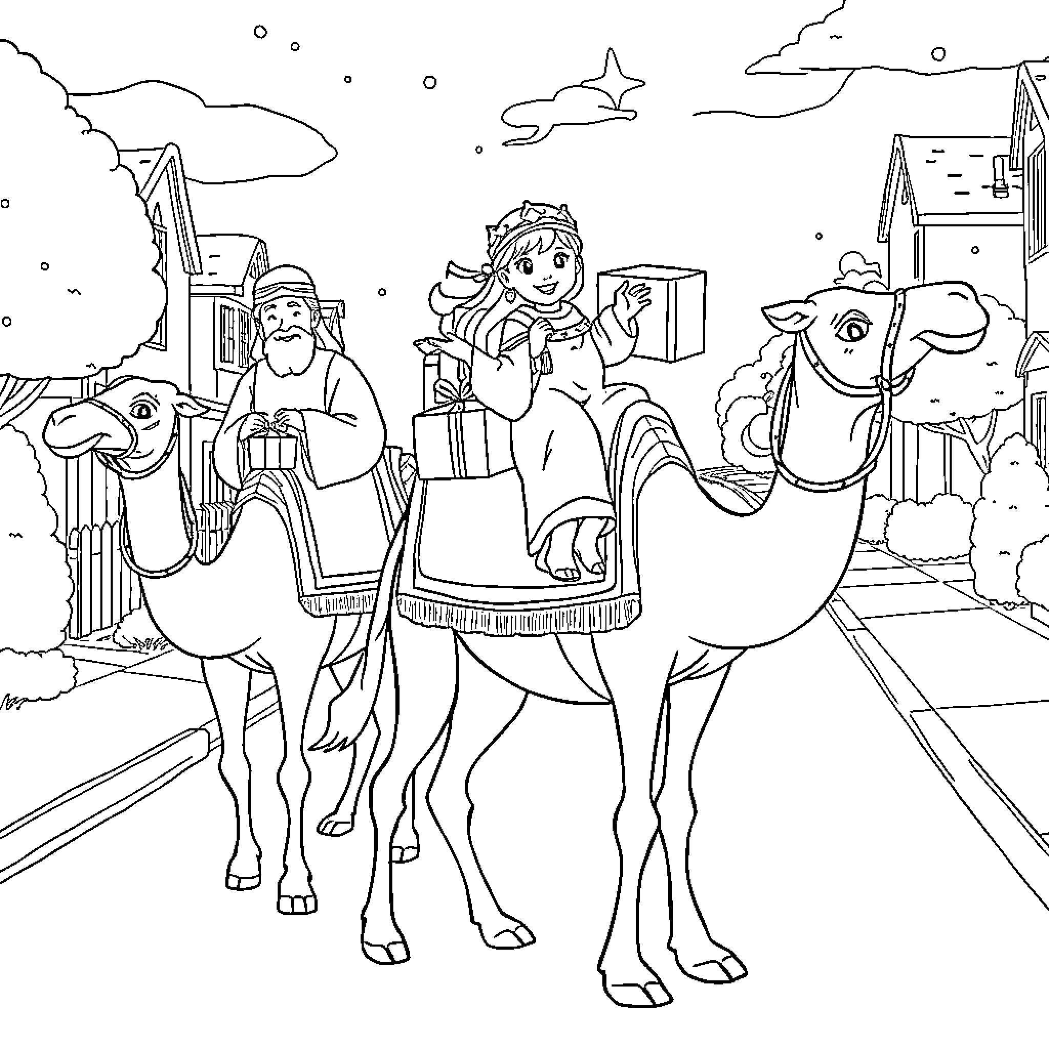 King and Queen Ride Camels on Desert Journey Coloring Page (free black-and-white line drawing printable PDF for all, from beginners to advanced learners, including children, teens, adults, and seniors)