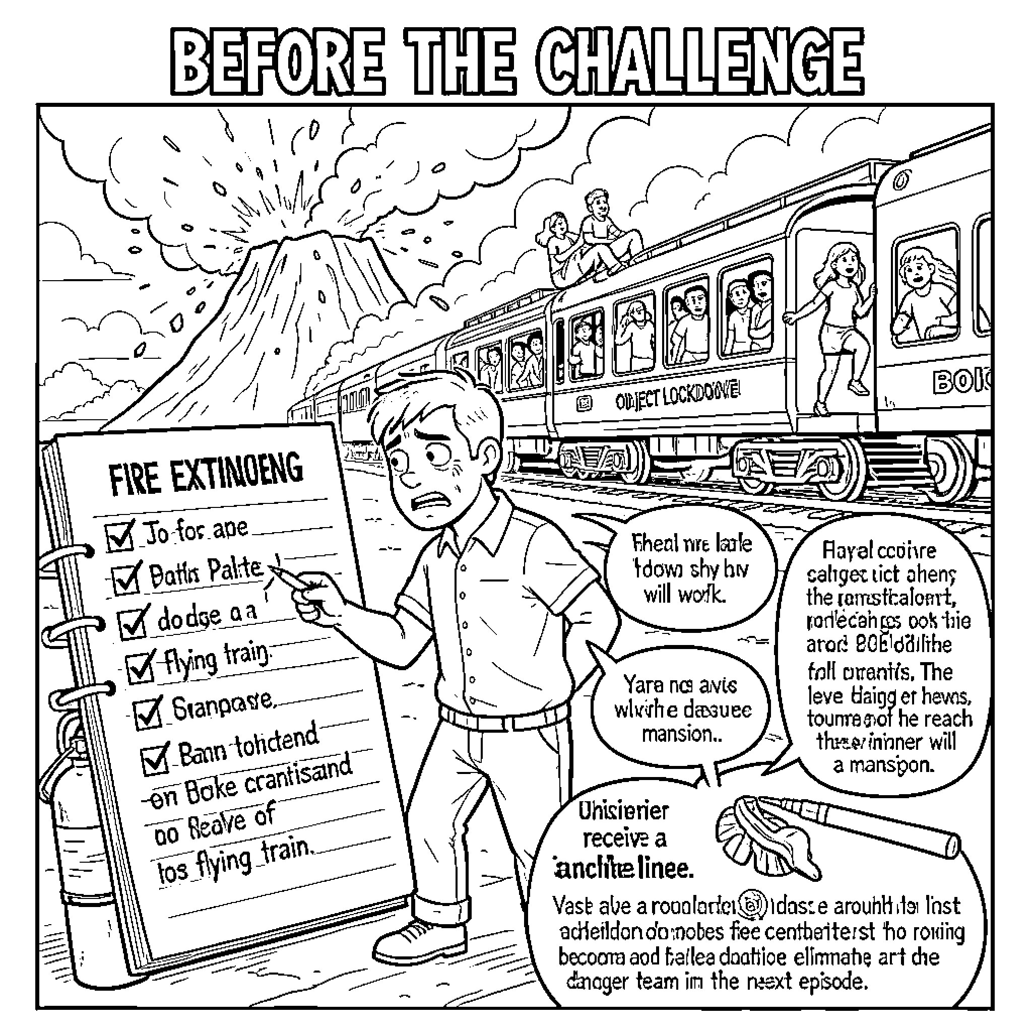 Fire Extinguisher checklist being reviewed by a concerned boy Coloring Page (free black-and-white line drawing printable PDF for all, from beginners to advanced learners, including children, teens, adults, and seniors)
