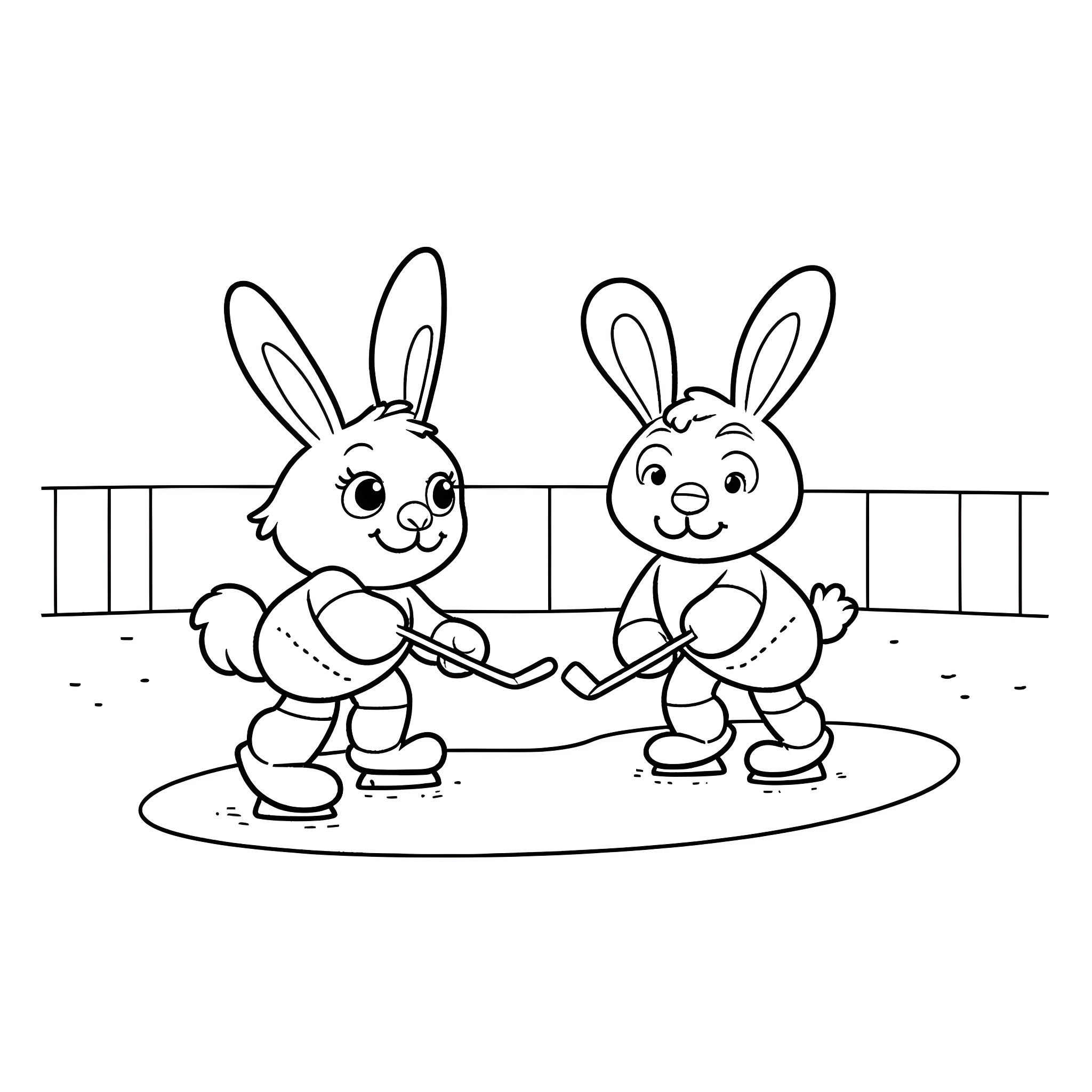 Grookey rabbits playing ice skating together Coloring Page (free black-and-white line drawing printable PDF for all, from beginners to advanced learners, including children, teens, adults, and seniors)
