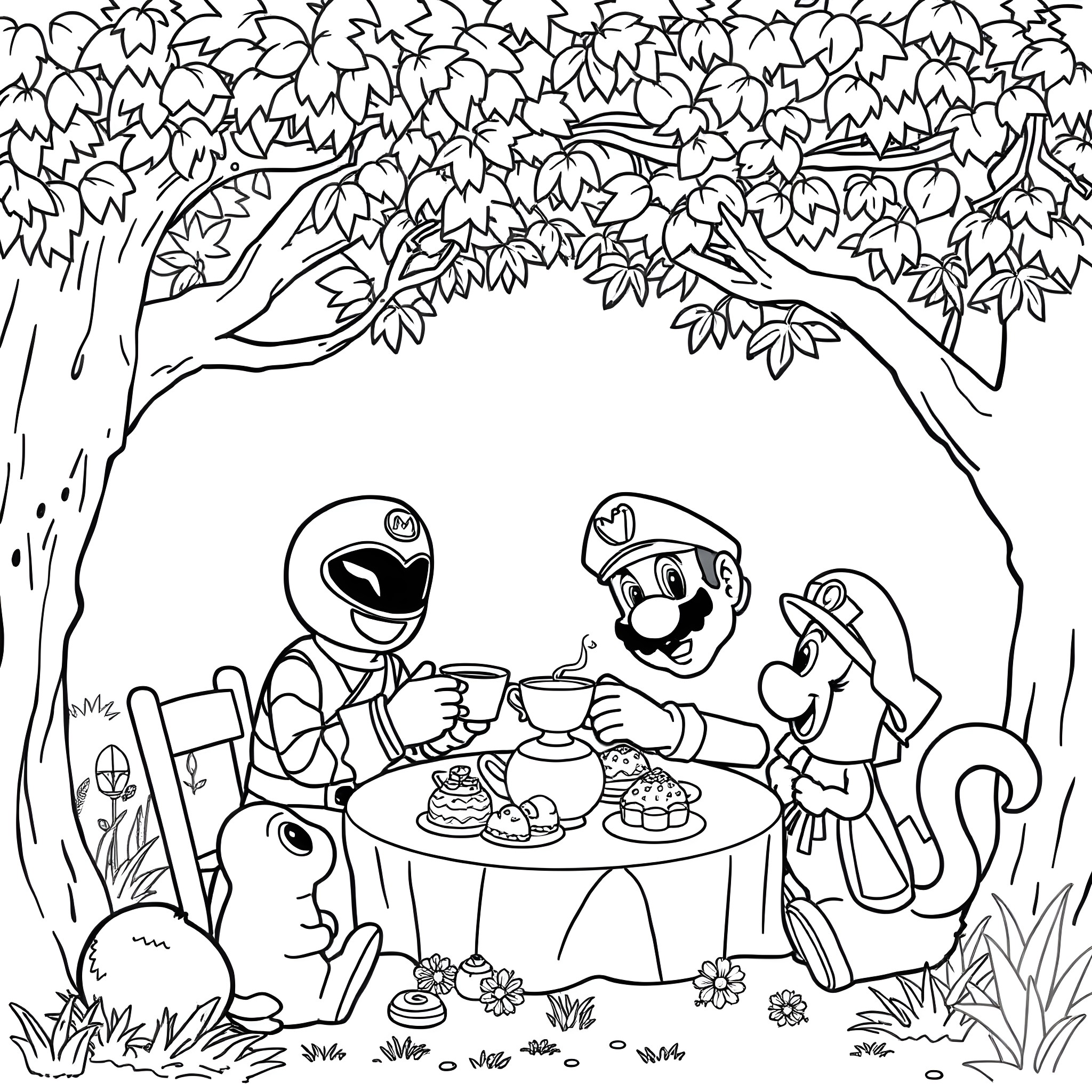 Green Ranger Joins Mario and Luigi for a Picnic in the Woods Coloring Page (free black-and-white line drawing printable PDF for all, from beginners to advanced learners, including children, teens, adults, and seniors)