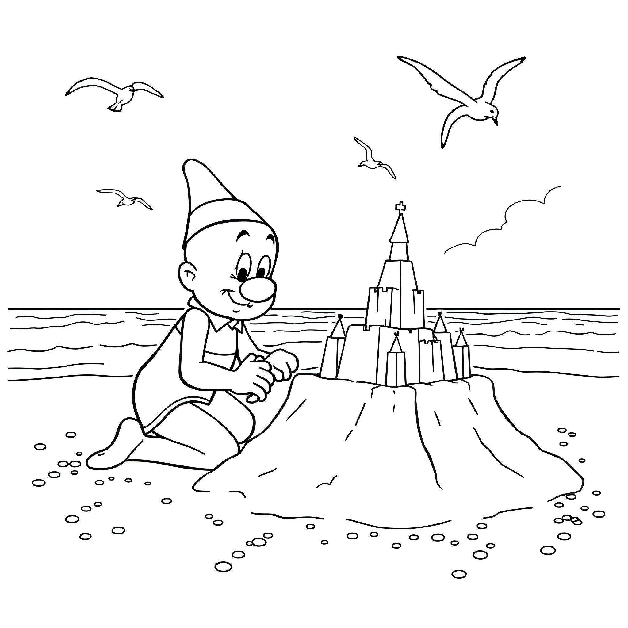 Elmer Fudd building a sandcastle on the beach Coloring Page (free black-and-white line drawing printable PDF for all, from beginners to advanced learners, including children, teens, adults, and seniors)