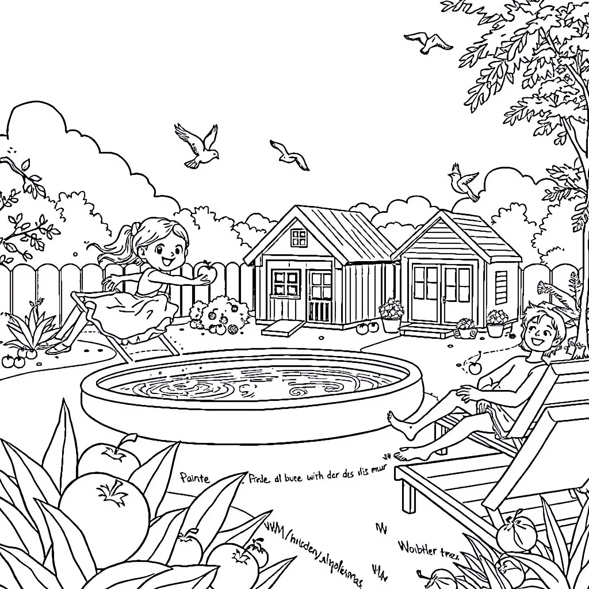 Child playing by the backyard pool on a sunny day Coloring Page (free black-and-white line drawing printable PDF for all, from beginners to advanced learners, including children, teens, adults, and seniors)