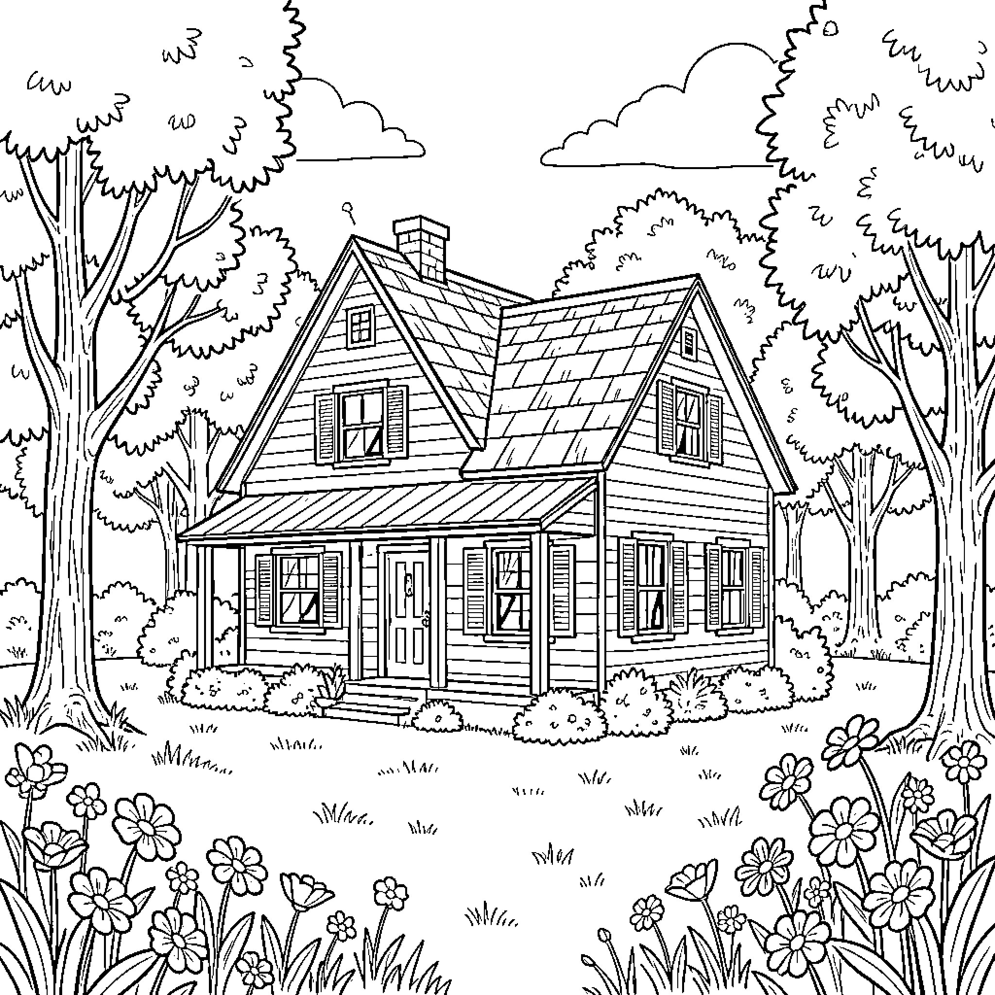 House in a serene forest landscape Coloring Page (free black-and-white line drawing printable PDF for all, from beginners to advanced learners, including children, teens, adults, and seniors)