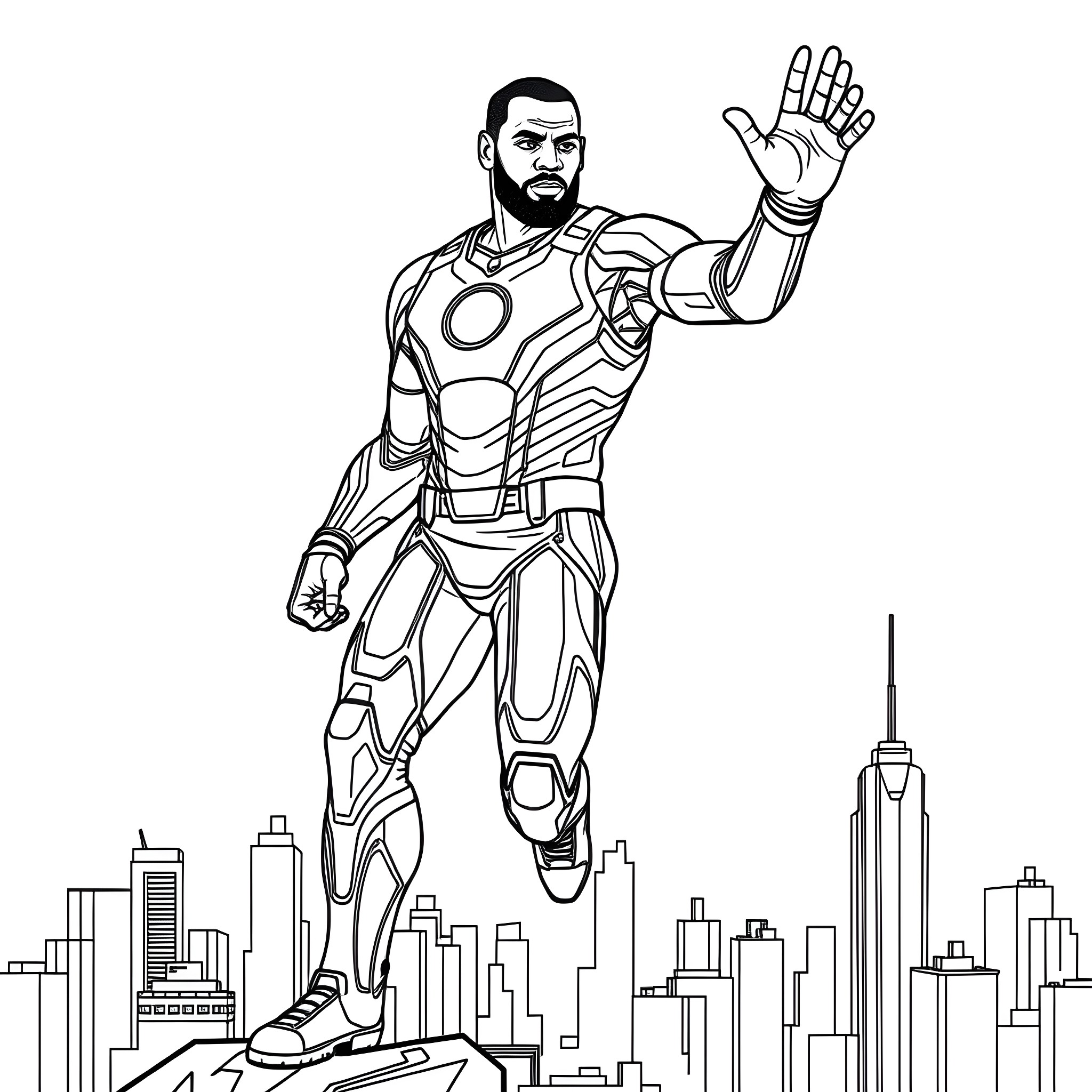 LeBron James as Superhero in Futuristic City Coloring Page (free black-and-white line drawing printable PDF for all, from beginners to advanced learners, including children, teens, adults, and seniors)