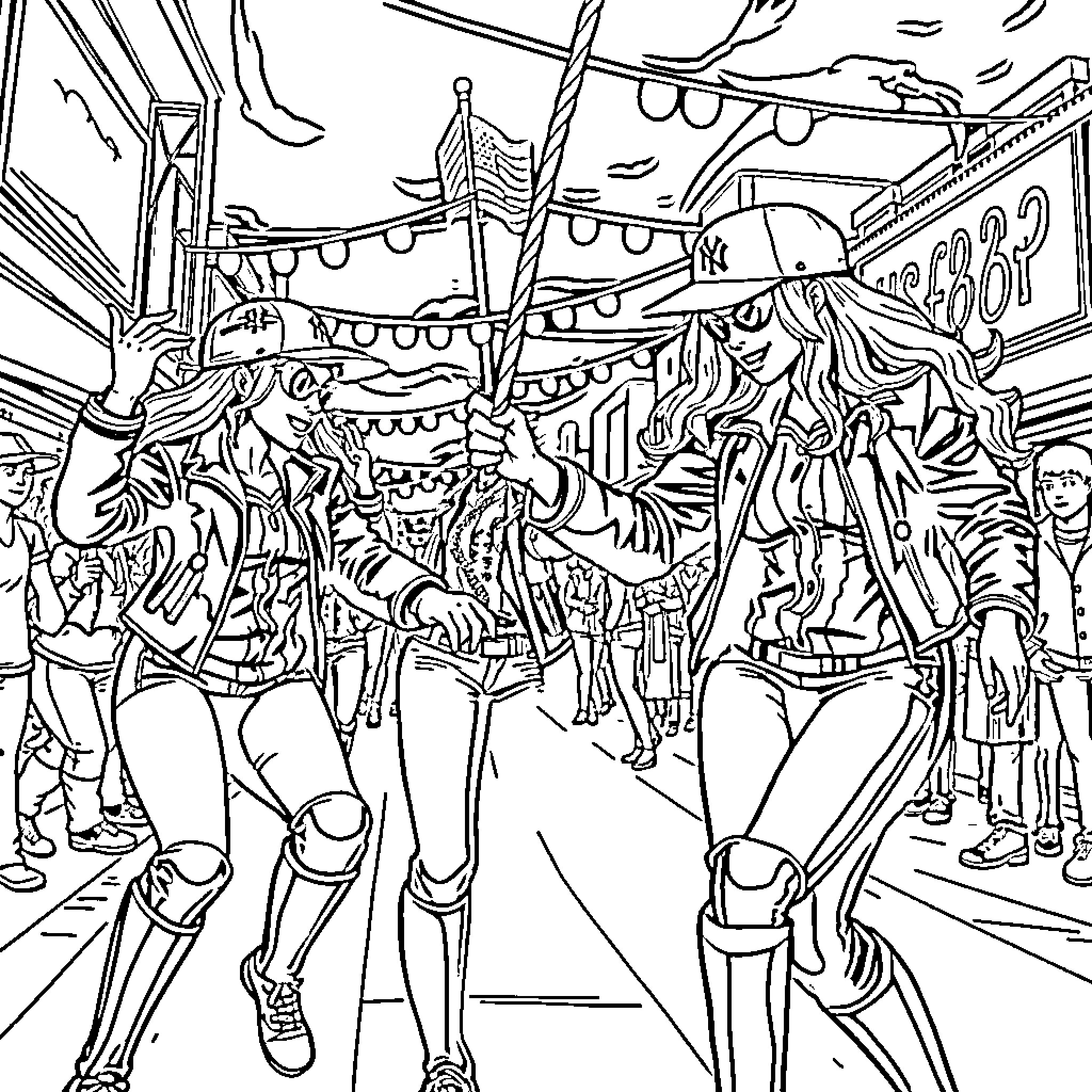 Baseball Fury: Costumed Characters in Animated Parade Coloring Page (free black-and-white line drawing printable PDF for all, from beginners to advanced learners, including children, teens, adults, and seniors)