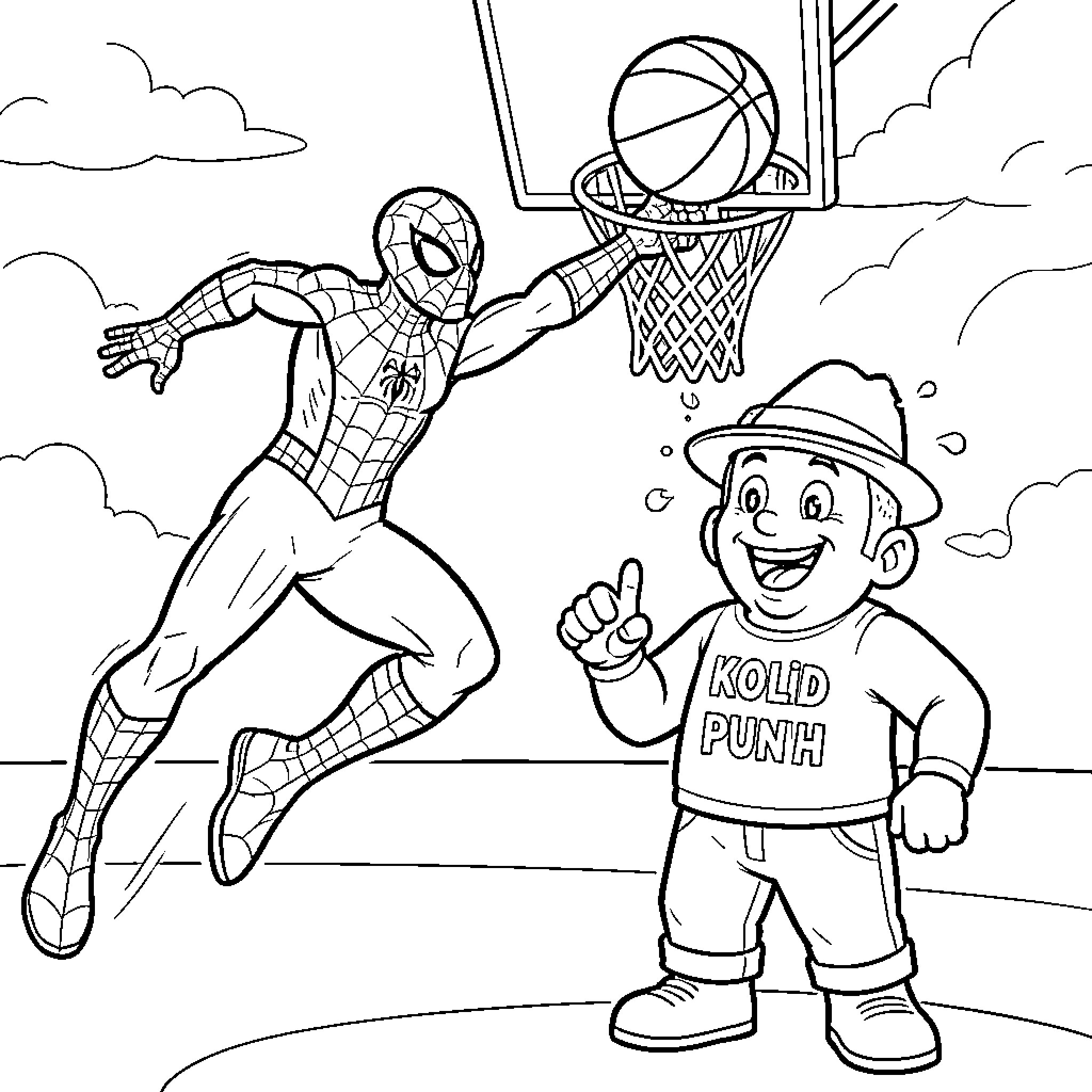 Spiderman playing basketball with a cheerful boy Coloring Page (free black-and-white line drawing printable PDF for all, from beginners to advanced learners, including children, teens, adults, and seniors)