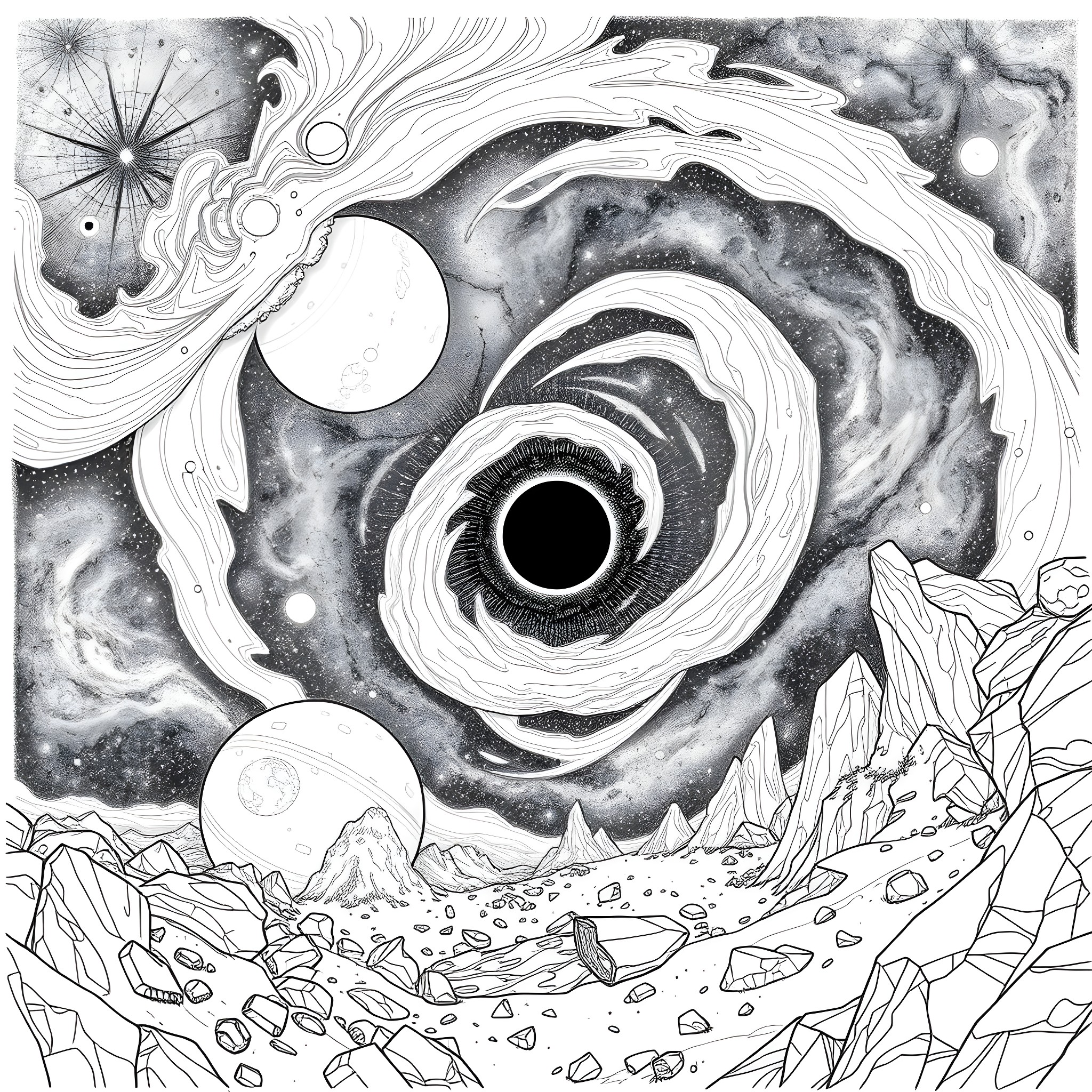 Planet of cosmic wonders and mysterious landscapes Coloring Page (free black-and-white line drawing printable PDF for all, from beginners to advanced learners, including children, teens, adults, and seniors)