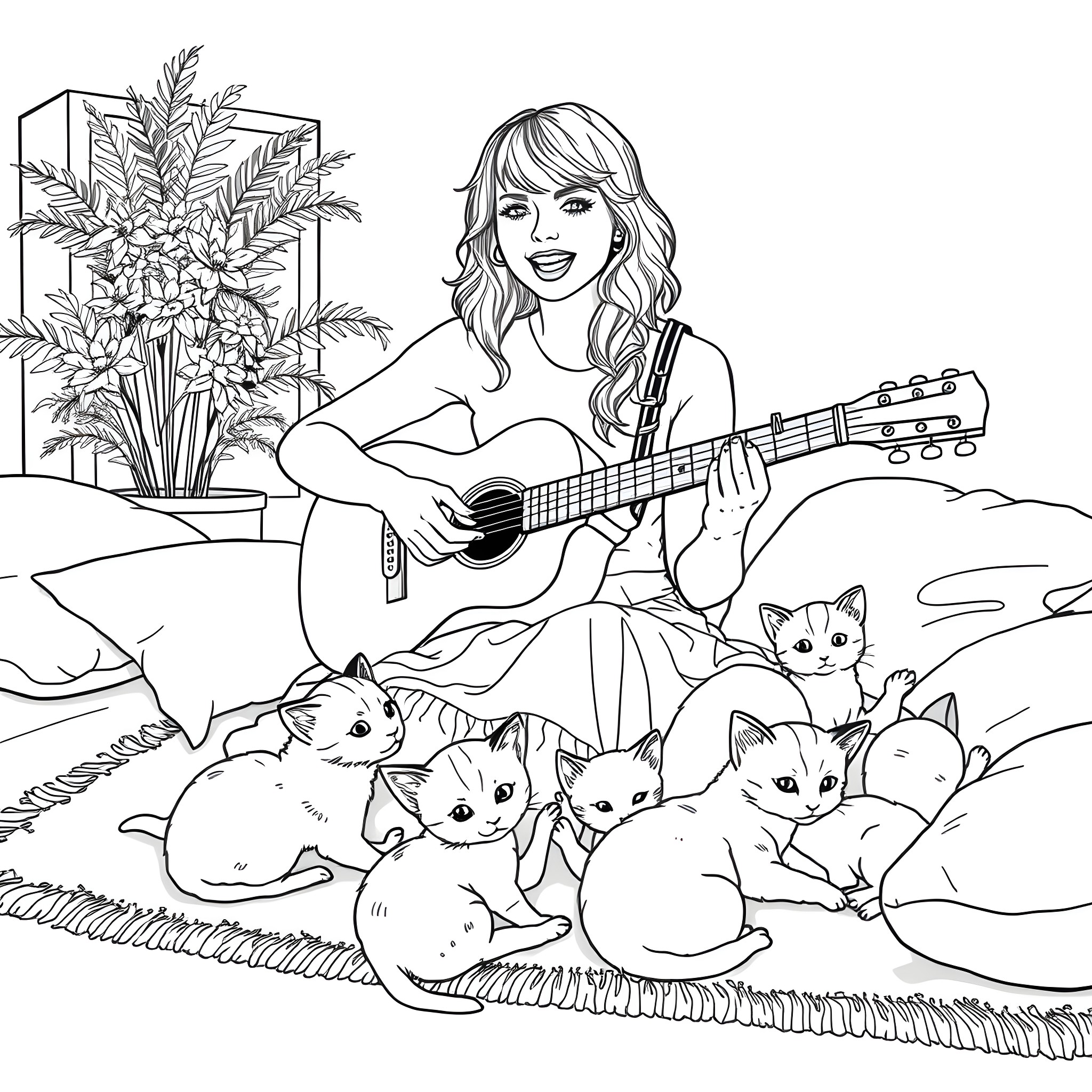Taylor Swift playing guitar amidst kittens in nature Coloring Page (free black-and-white line drawing printable PDF for all, from beginners to advanced learners, including children, teens, adults, and seniors)