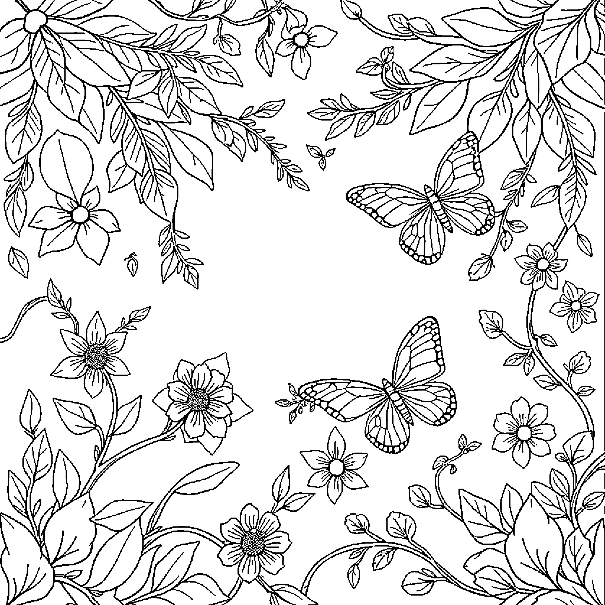 Nature's Floral and Butterfly Embrace Coloring Page (free black-and-white line drawing printable PDF for all, from beginners to advanced learners, including children, teens, adults, and seniors)