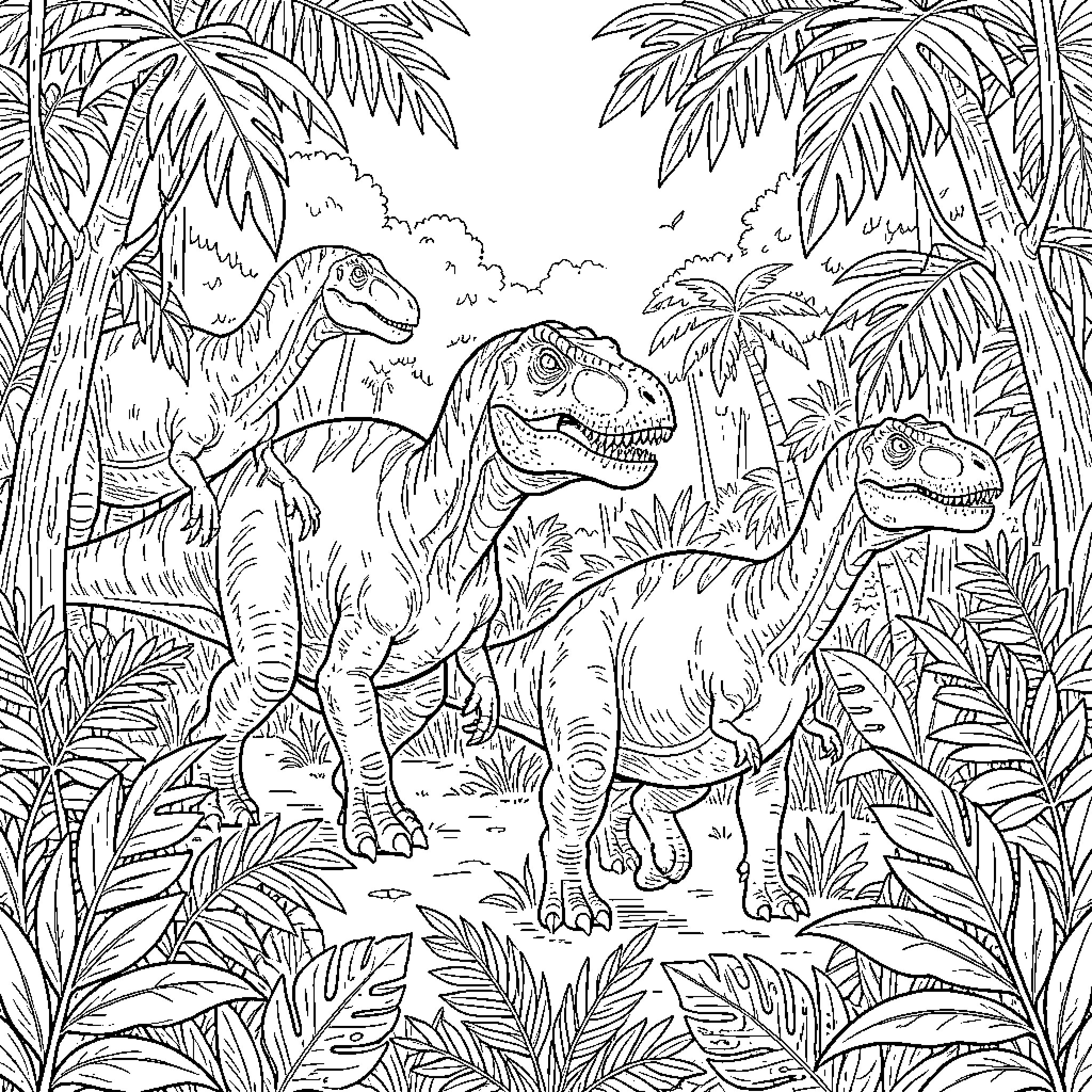 Dinosaurs exploring the lush, prehistoric jungle Coloring Page (free black-and-white line drawing printable PDF for all, from beginners to advanced learners, including children, teens, adults, and seniors)