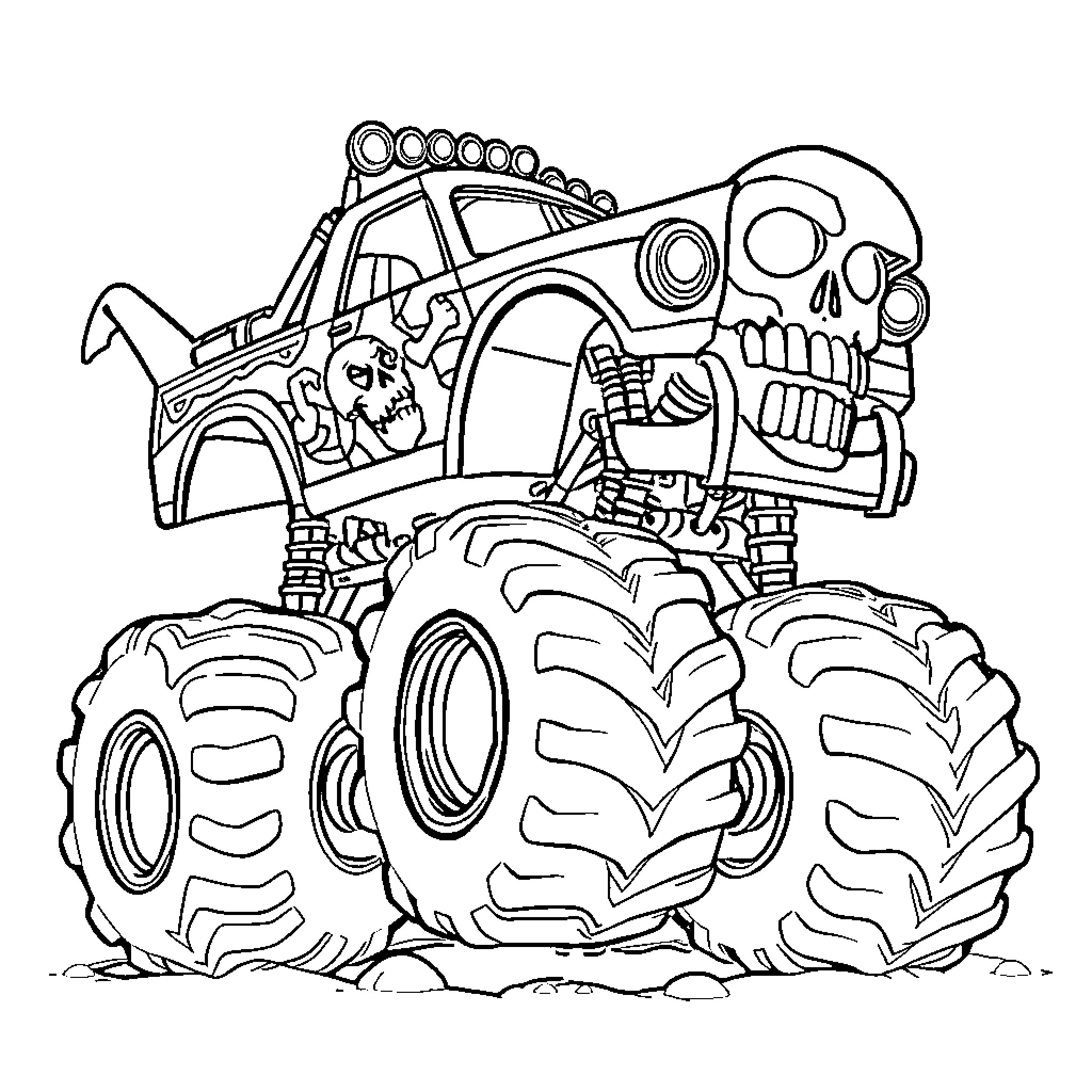 Monster Truck Crushing Obstacles on the Road Coloring Page (free black-and-white line drawing printable PDF for all, from beginners to advanced learners, including children, teens, adults, and seniors)