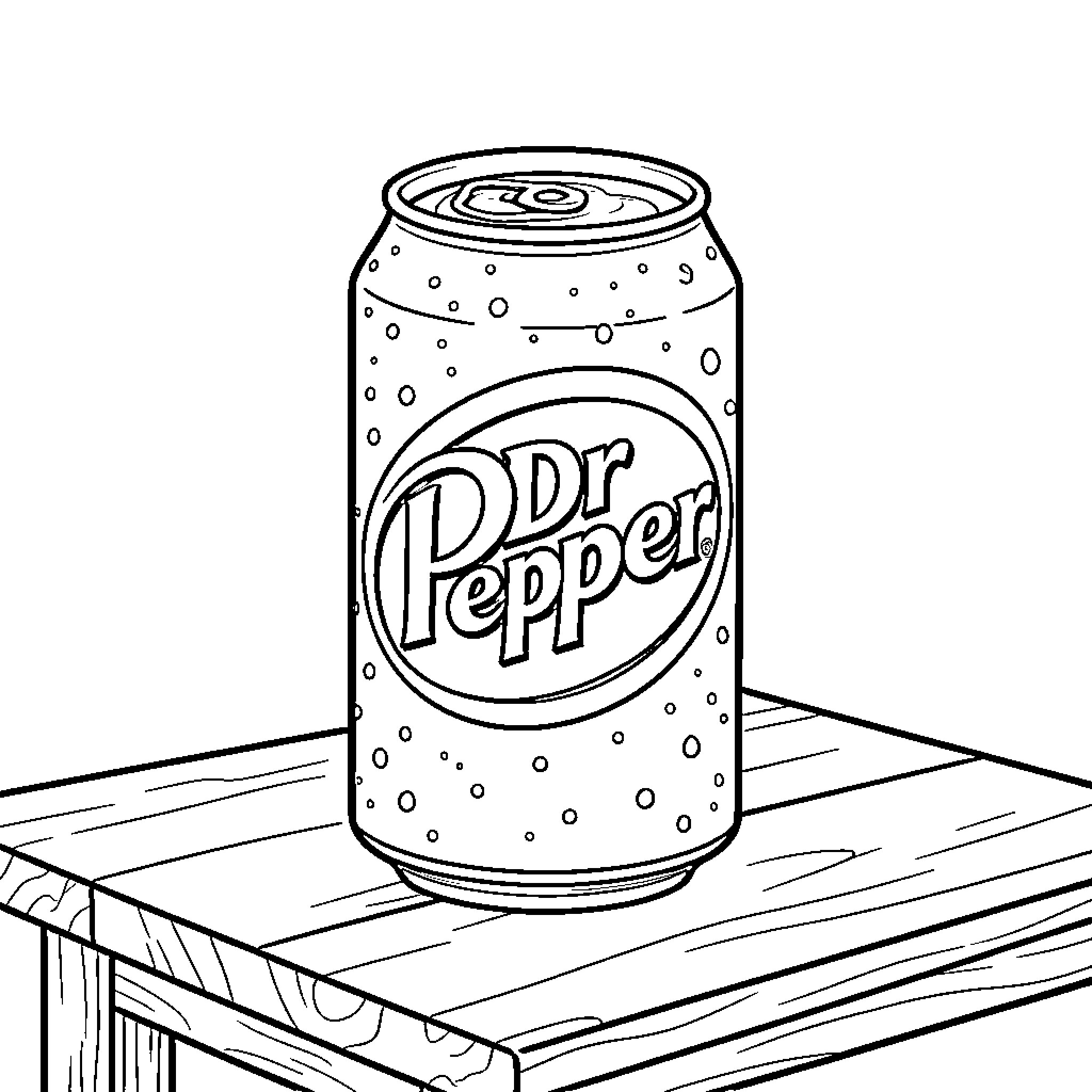 Dr Pepper soda can sitting on a wooden table Coloring Page (free black-and-white line drawing printable PDF for all, from beginners to advanced learners, including children, teens, adults, and seniors)
