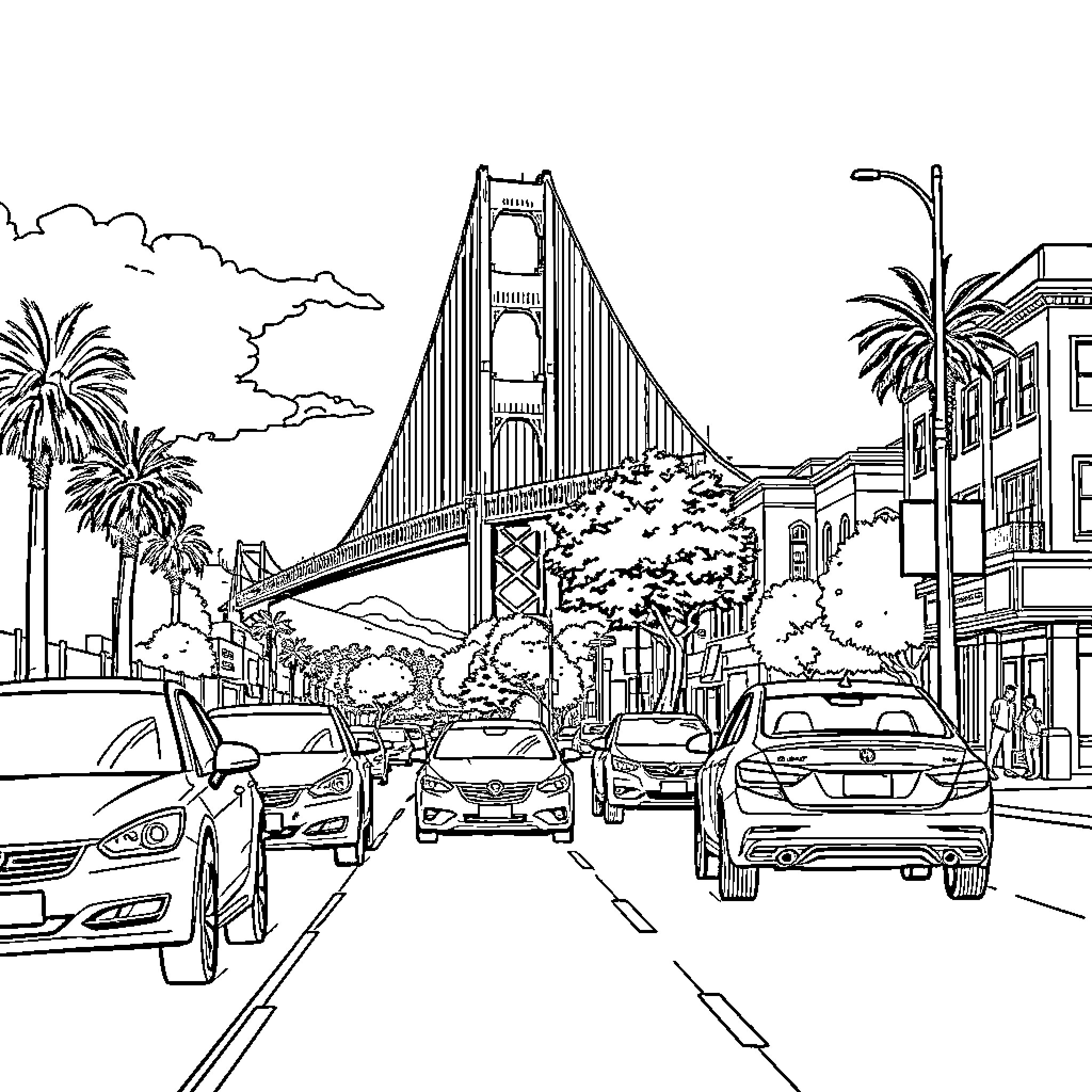 Cars on city street with iconic bridge Coloring Page (free black-and-white line drawing printable PDF for all, from beginners to advanced learners, including children, teens, adults, and seniors)