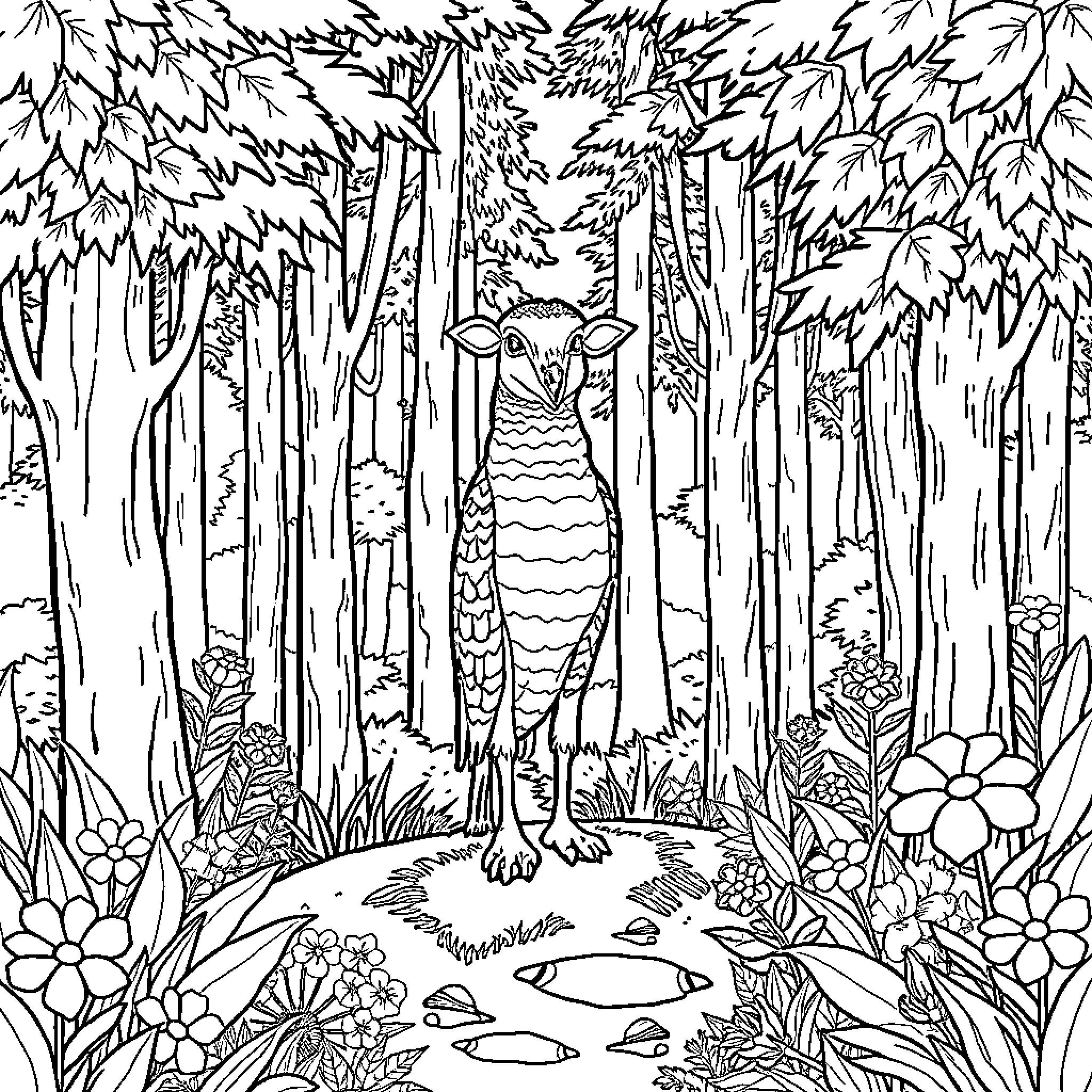 Labubu exploring the enchanted forest Coloring Page (free black-and-white line drawing printable PDF for all, from beginners to advanced learners, including children, teens, adults, and seniors)