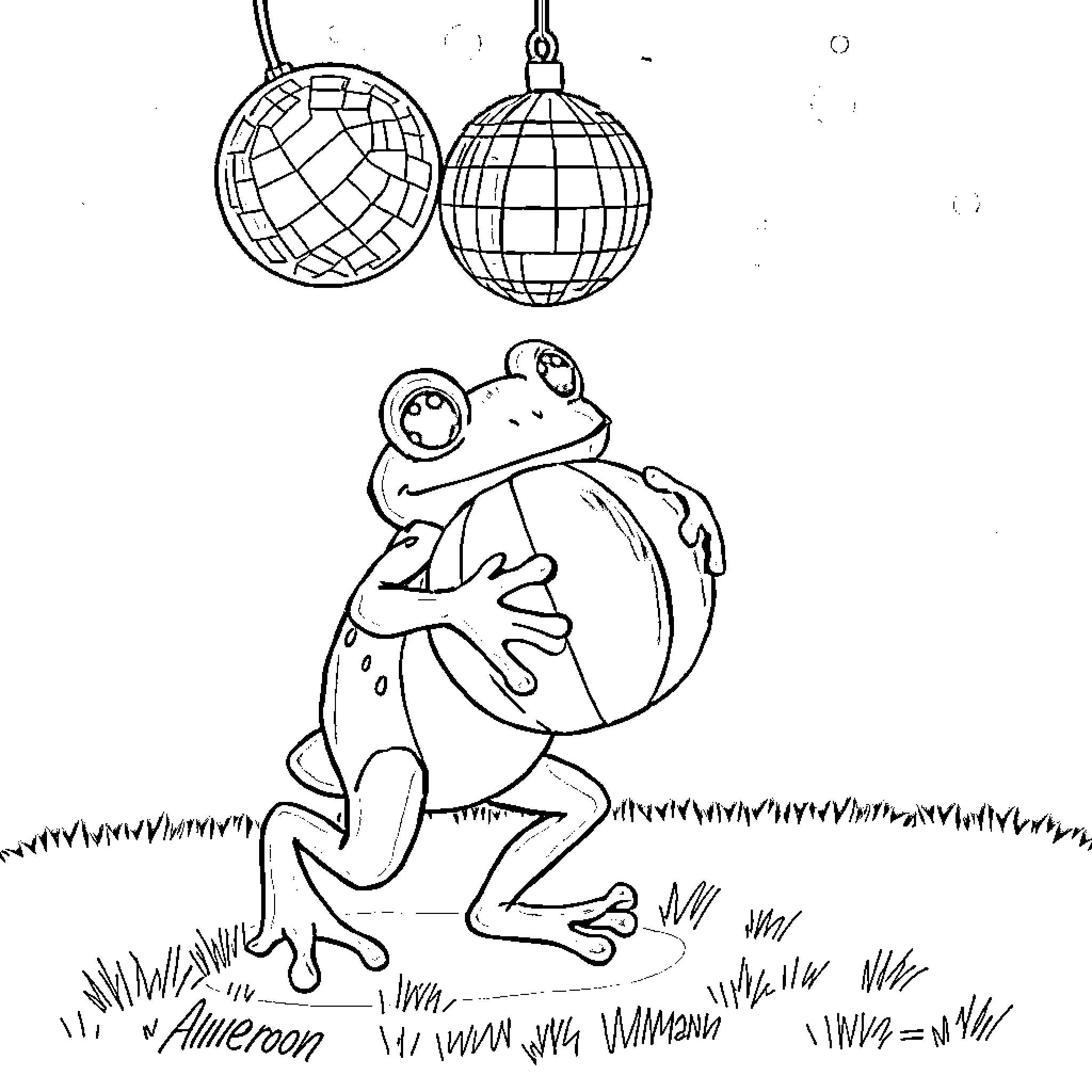 Frog dancing under disco balls Coloring Page (free black-and-white line drawing printable PDF for all, from beginners to advanced learners, including children, teens, adults, and seniors)