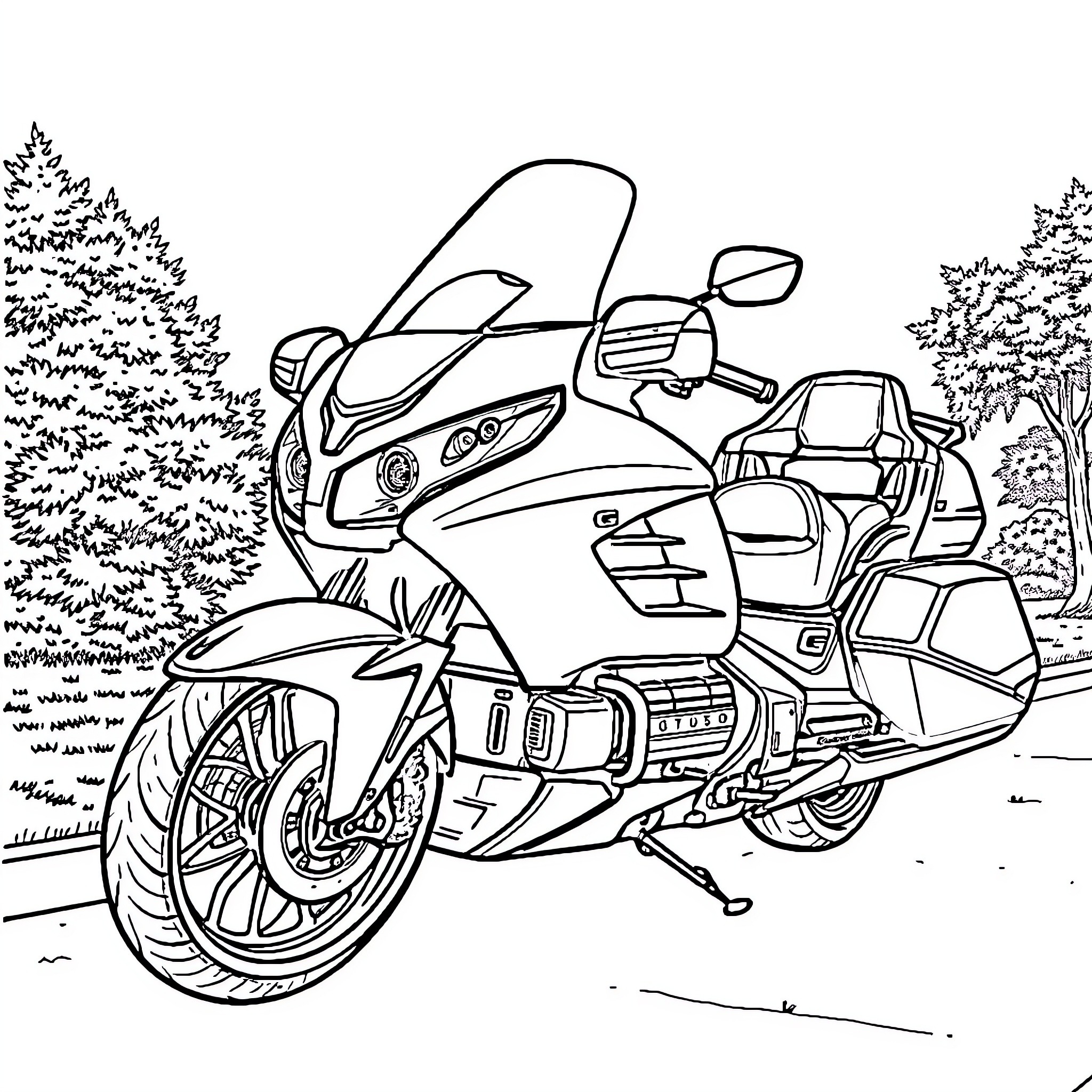 Goldwing motorcycle on the open road Coloring Page (free black-and-white line drawing printable PDF for all, from beginners to advanced learners, including children, teens, adults, and seniors)