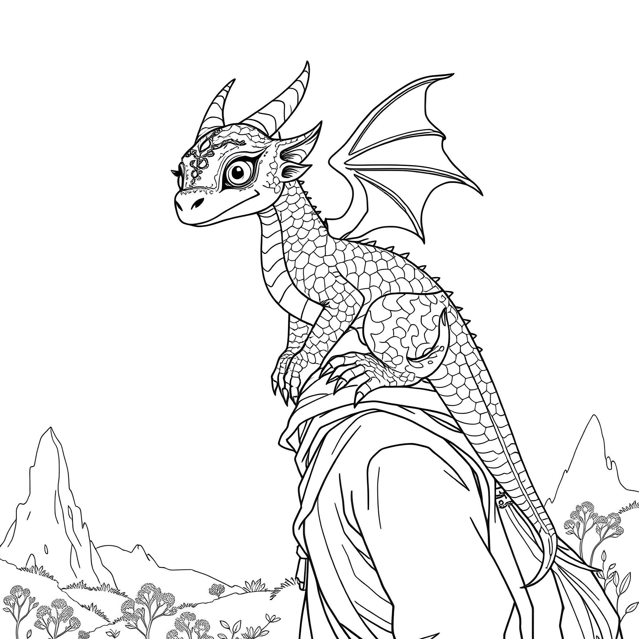 Dragon soaring over a scenic landscape Coloring Page (free black-and-white line drawing printable PDF for all, from beginners to advanced learners, including children, teens, adults, and seniors)