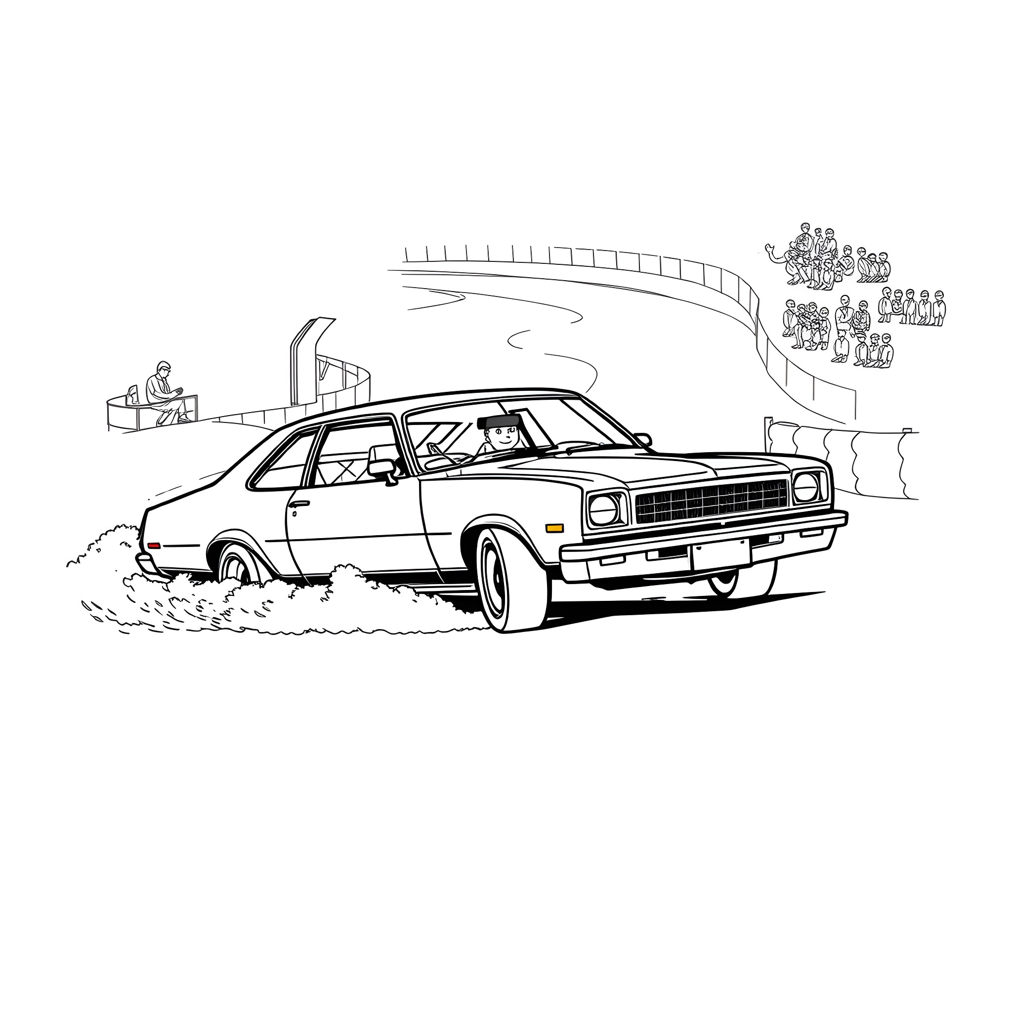 Car racing along winding road Coloring Page (free black-and-white line drawing printable PDF for all, from beginners to advanced learners, including children, teens, adults, and seniors)