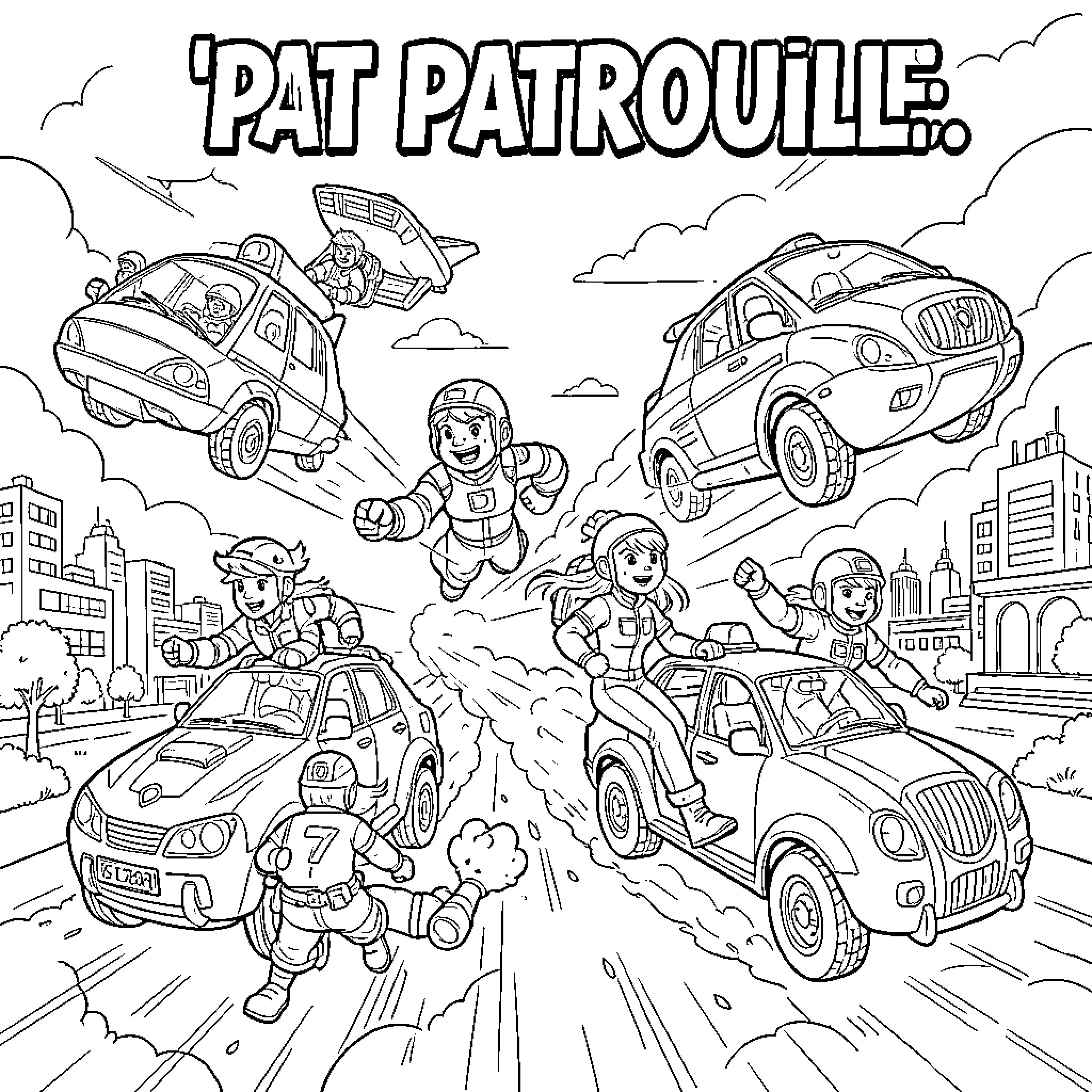 Paw Patrol characters driving vehicles and flying through the sky Coloring Page (free black-and-white line drawing printable PDF for all, from beginners to advanced learners, including children, teens, adults, and seniors)