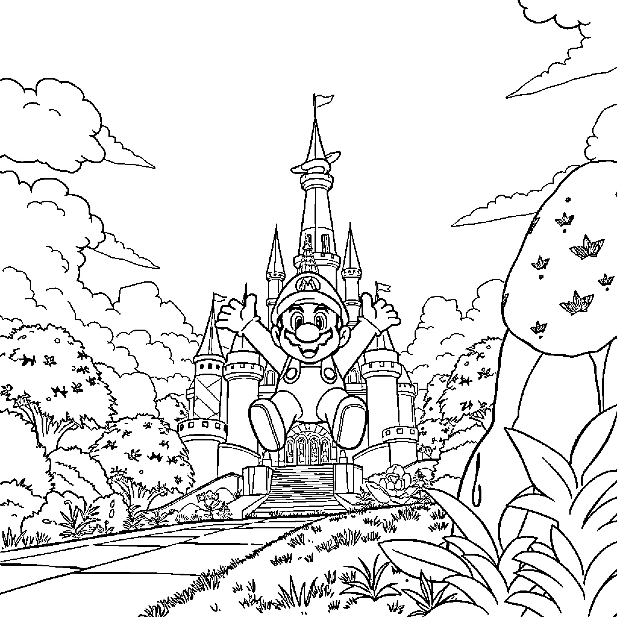 Super Mario Journeys Through a Fantastical Castle Landscape Coloring Page (free black-and-white line drawing printable PDF for all, from beginners to advanced learners, including children, teens, adults, and seniors)