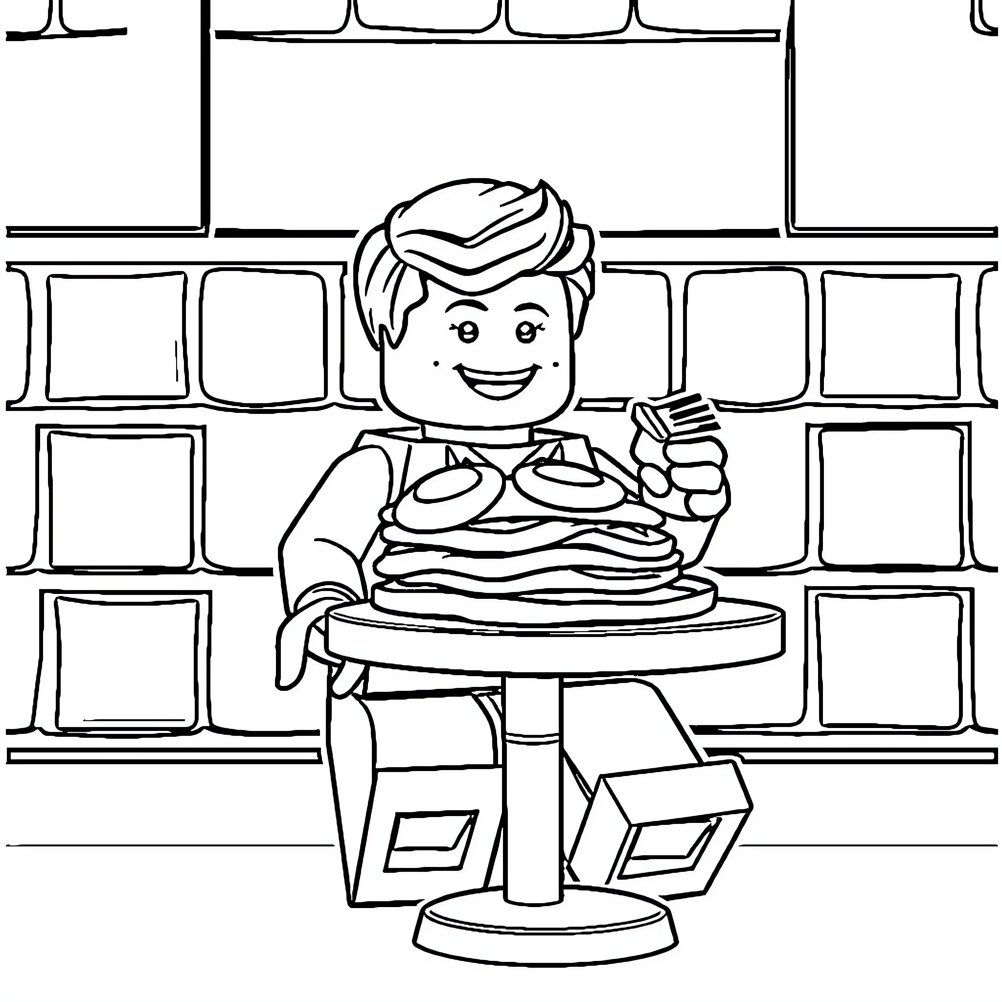 Lego Guy Enjoying a Delicious Meal Coloring Page (free black-and-white line drawing printable PDF for all, from beginners to advanced learners, including children, teens, adults, and seniors)