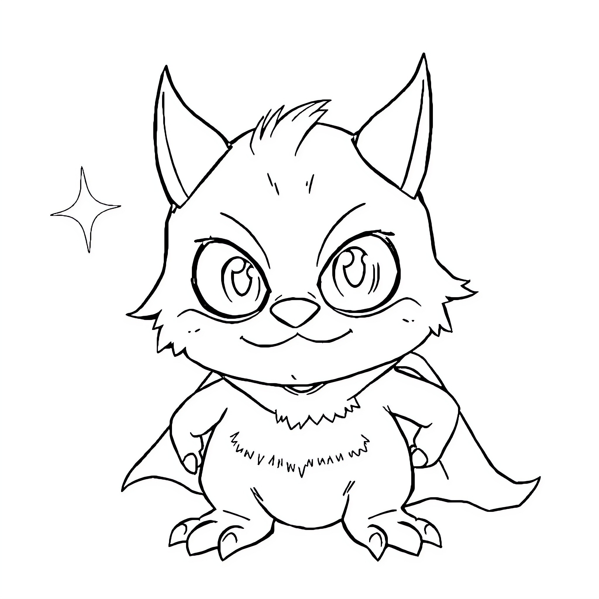 Monster cat with big eyes and pointed ears Coloring Page (free black-and-white line drawing printable PDF for all, from beginners to advanced learners, including children, teens, adults, and seniors)