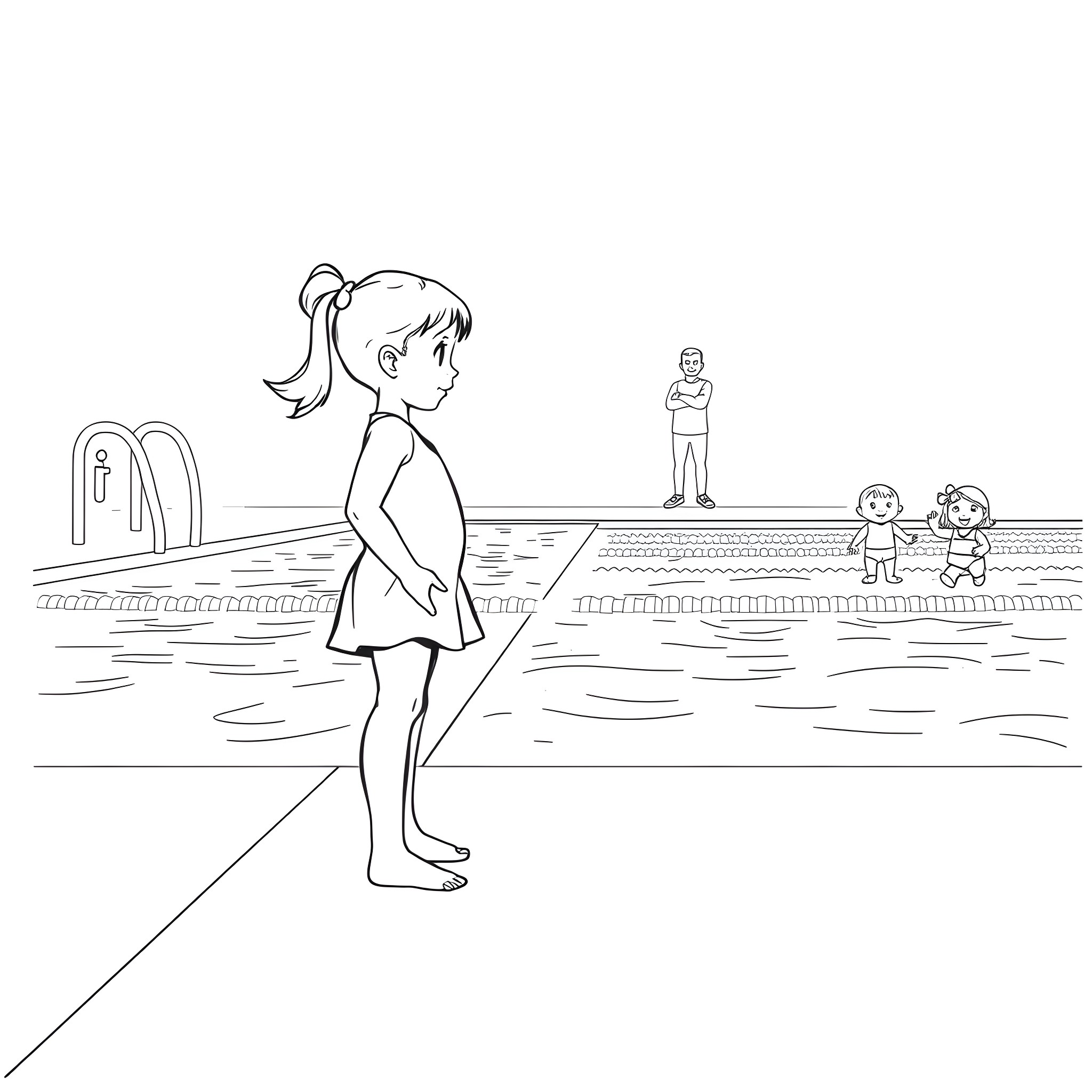 Child playing near swimming pool with others Coloring Page (free black-and-white line drawing printable PDF for all, from beginners to advanced learners, including children, teens, adults, and seniors)