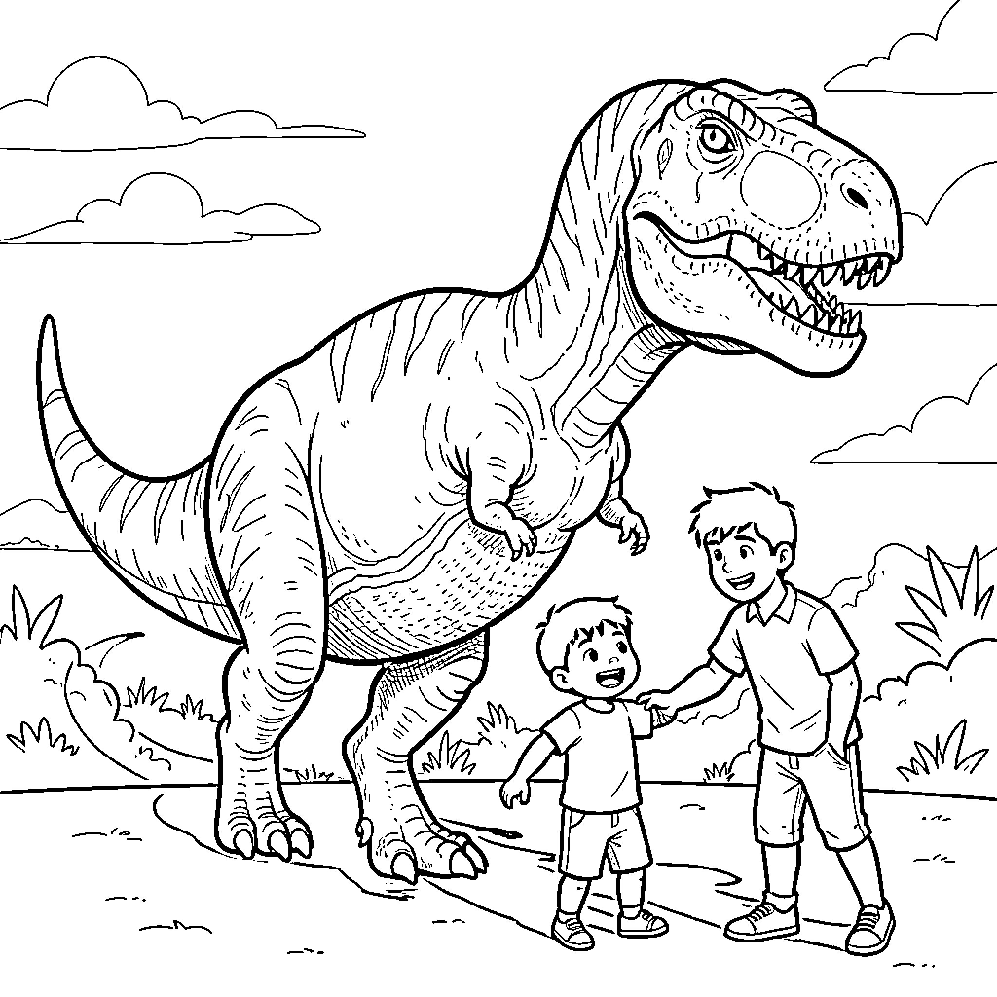 Dinosaur walking alongside two happy children Coloring Page (free black-and-white line drawing printable PDF for all, from beginners to advanced learners, including children, teens, adults, and seniors)