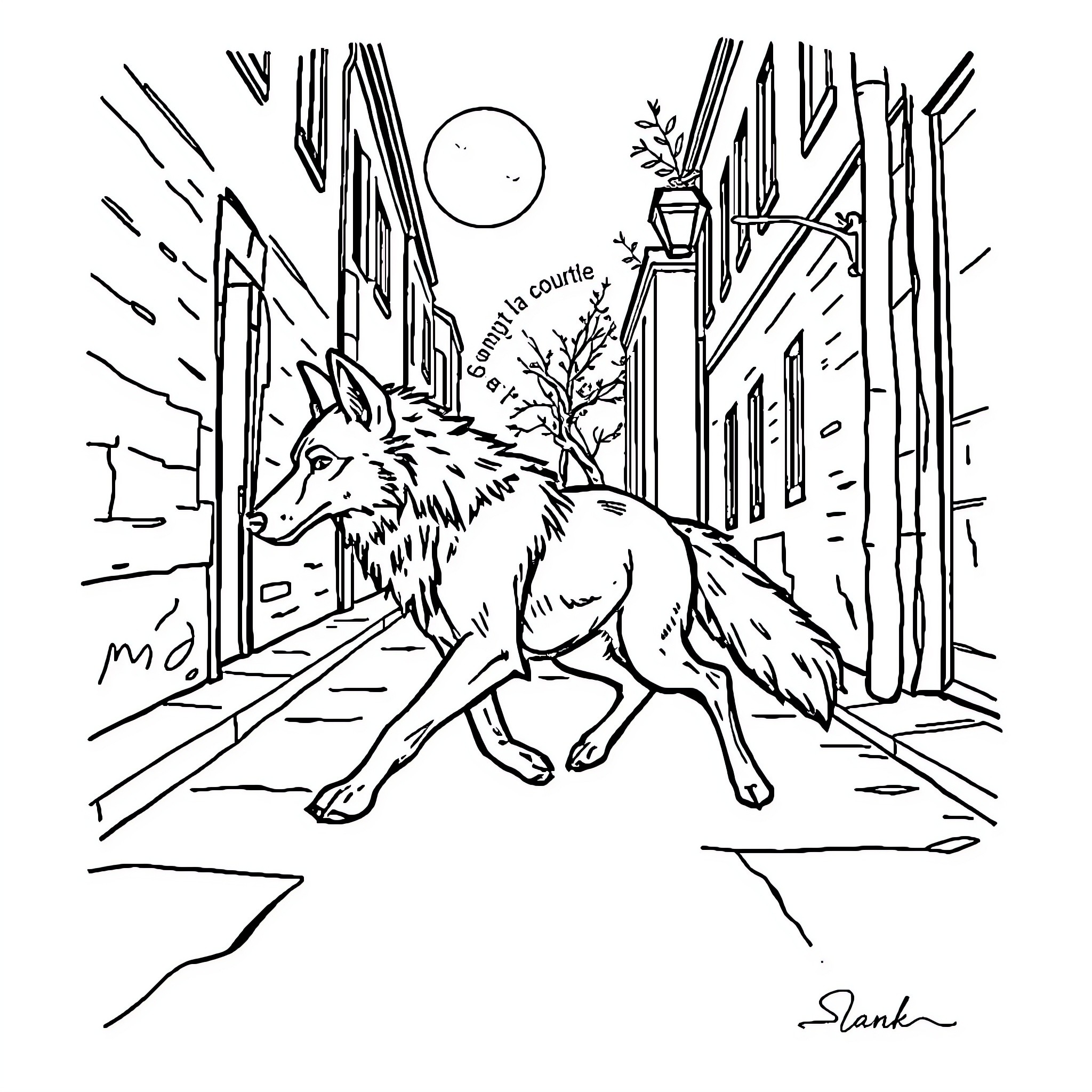 Voleur - Wolf prowling through city streets Coloring Page (free black-and-white line drawing printable PDF for all, from beginners to advanced learners, including children, teens, adults, and seniors)