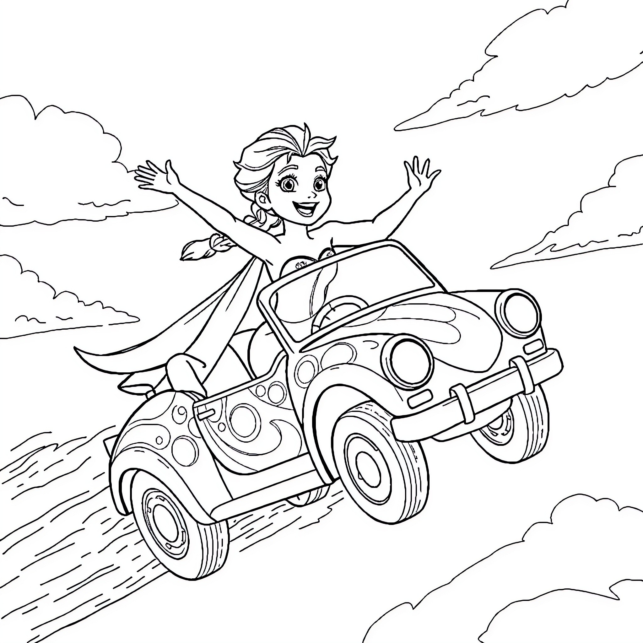 Elsa enjoying a joyride in a colorful car Coloring Page (free black-and-white line drawing printable PDF for all, from beginners to advanced learners, including children, teens, adults, and seniors)