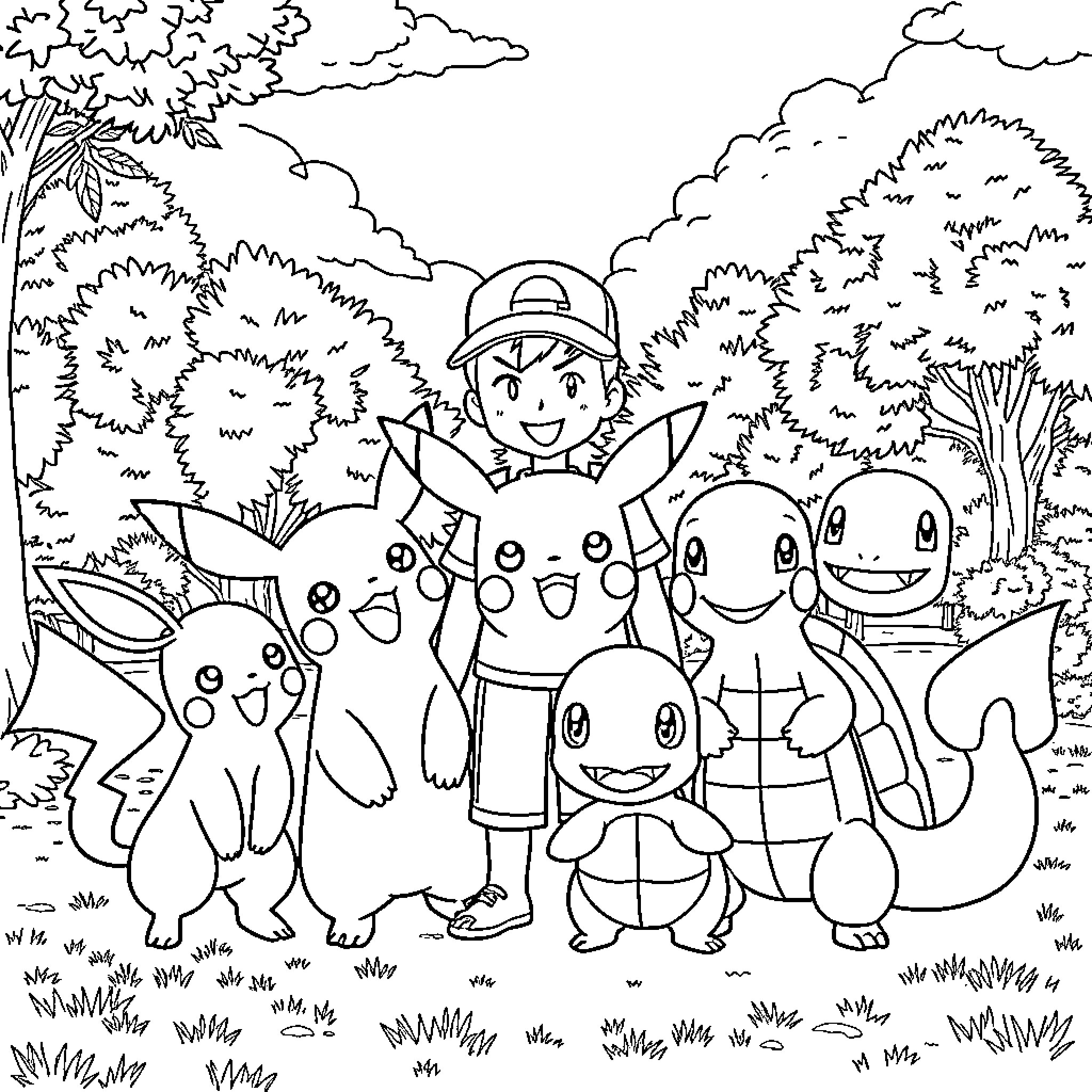 Pikachu and friends playing together in the forest Coloring Page (free black-and-white line drawing printable PDF for all, from beginners to advanced learners, including children, teens, adults, and seniors)