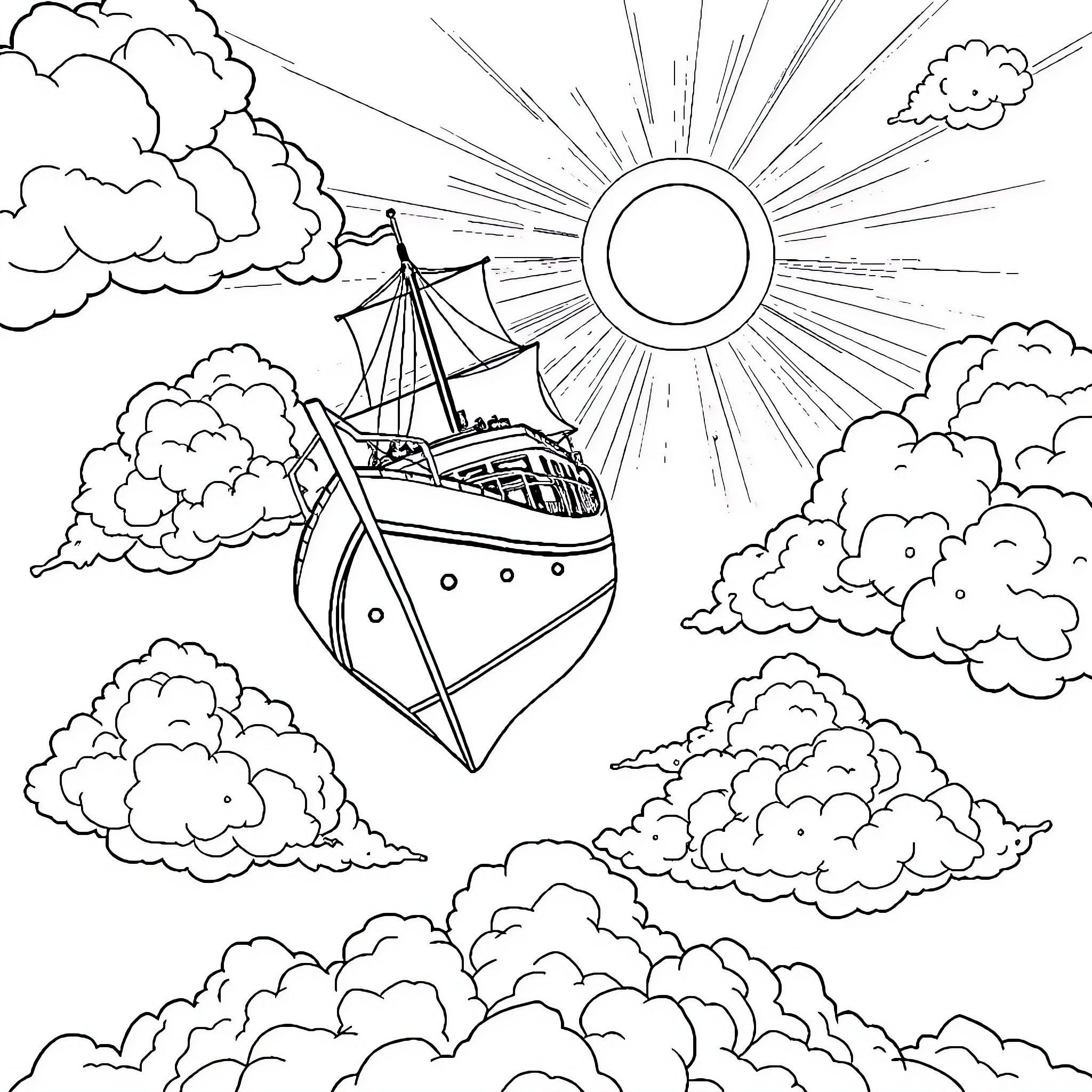 Ship Sailing Through Cloudy Skies Towards Bright Sun Coloring Page (free black-and-white line drawing printable PDF for all, from beginners to advanced learners, including children, teens, adults, and seniors)