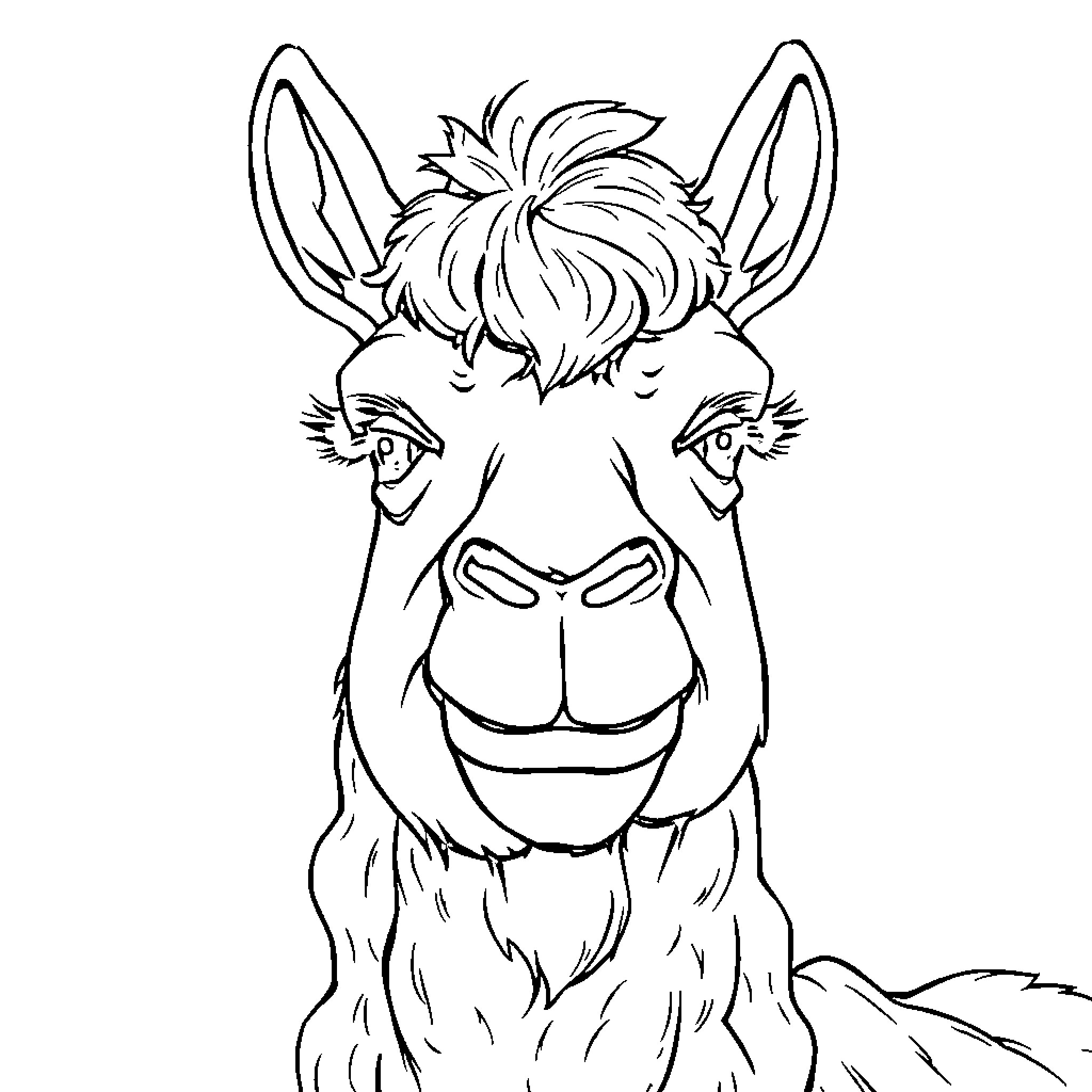 Trotro the Friendly Llama Coloring Page (free black-and-white line drawing printable PDF for all, from beginners to advanced learners, including children, teens, adults, and seniors)