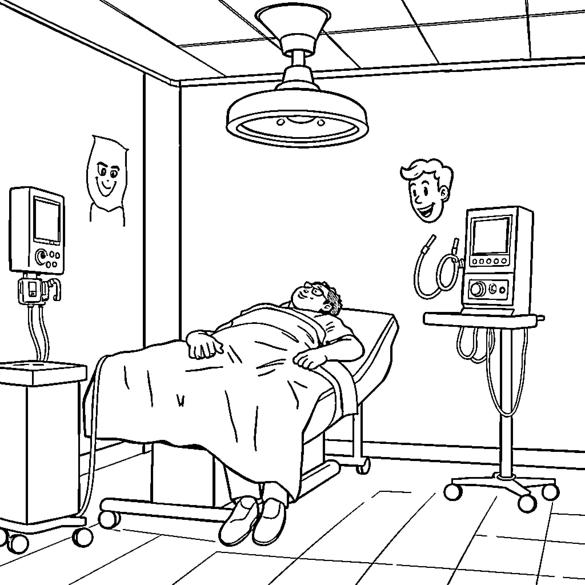 Dialysis patient receiving treatment in hospital room Coloring Page (free black-and-white line drawing printable PDF for all, from beginners to advanced learners, including children, teens, adults, and seniors)