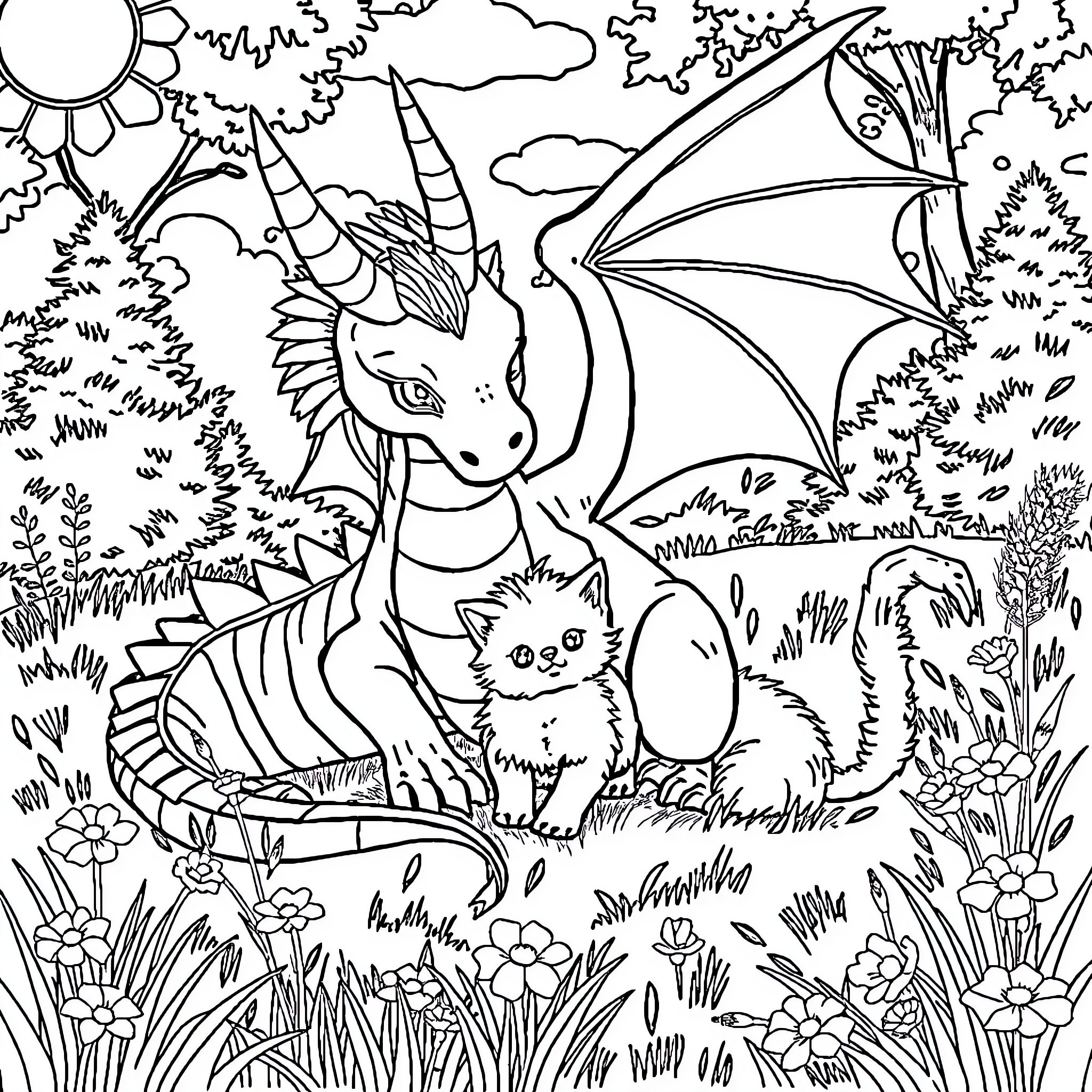 Dragon and Kitten Exploring the Enchanted Forest Coloring Page (free black-and-white line drawing printable PDF for all, from beginners to advanced learners, including children, teens, adults, and seniors)