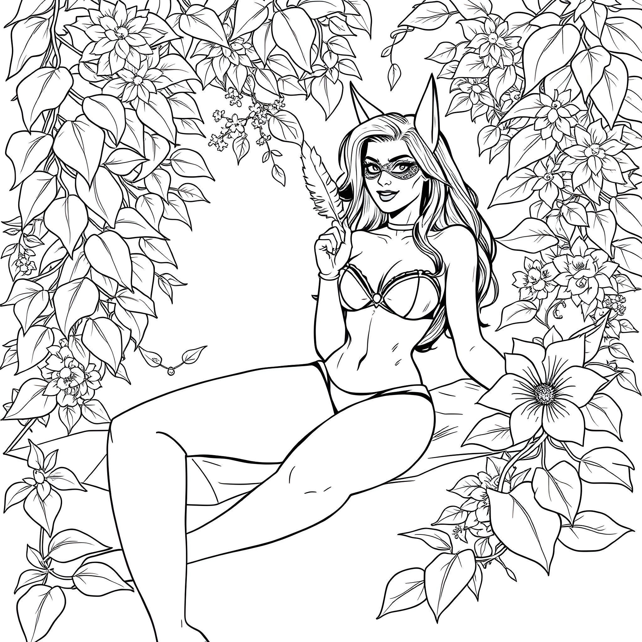 Catwoman lounging amidst floral foliage Coloring Page (free black-and-white line drawing printable PDF for all, from beginners to advanced learners, including children, teens, adults, and seniors)