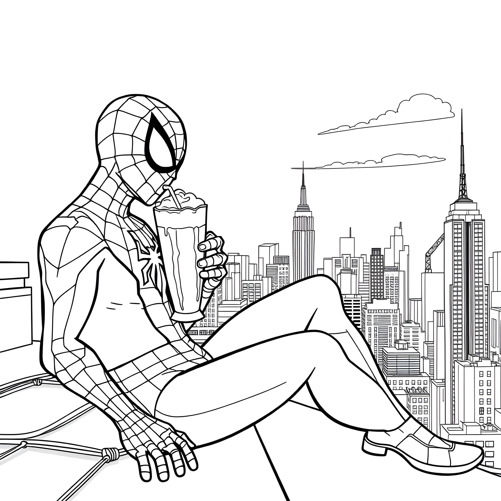 Spiderman relaxing on a rooftop in the city Coloring Page (free black-and-white line drawing printable PDF for all, from beginners to advanced learners, including children, teens, adults, and seniors)