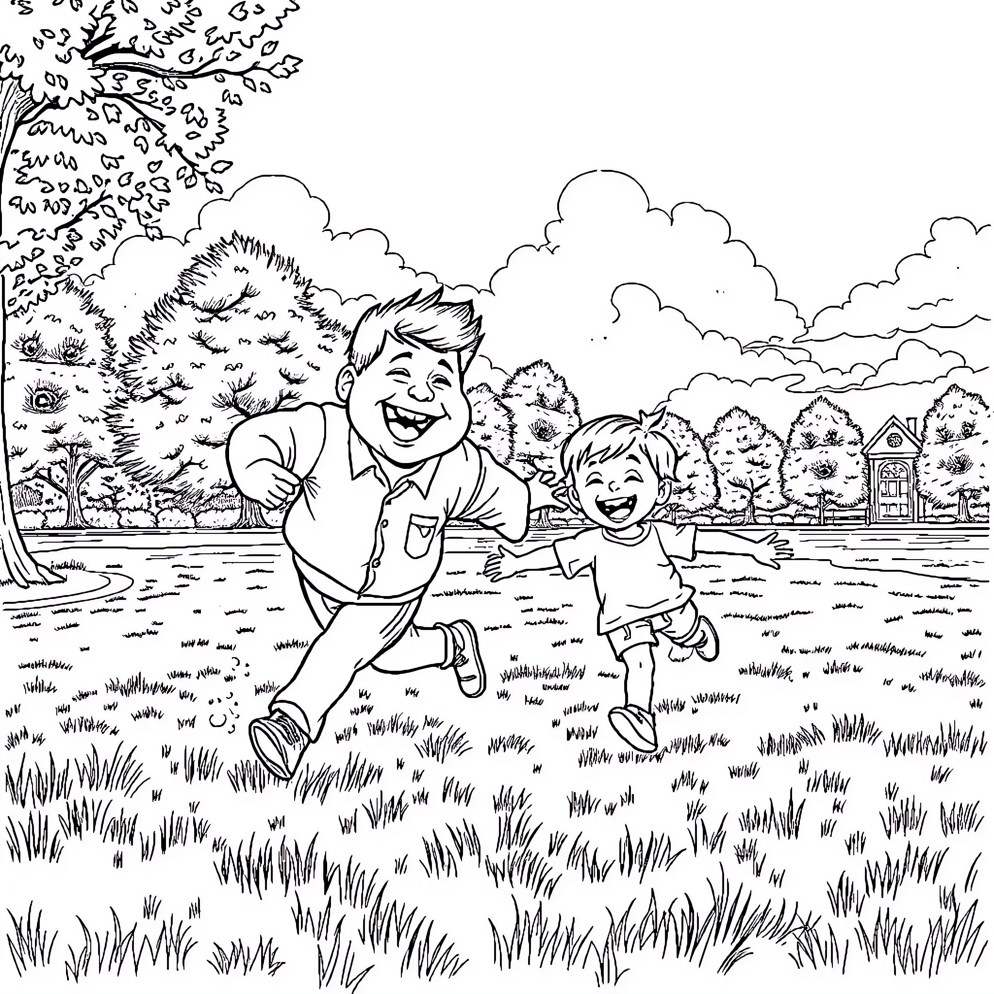 Chris Farley playing in the park with a friend Coloring Page (free black-and-white line drawing printable PDF for all, from beginners to advanced learners, including children, teens, adults, and seniors)