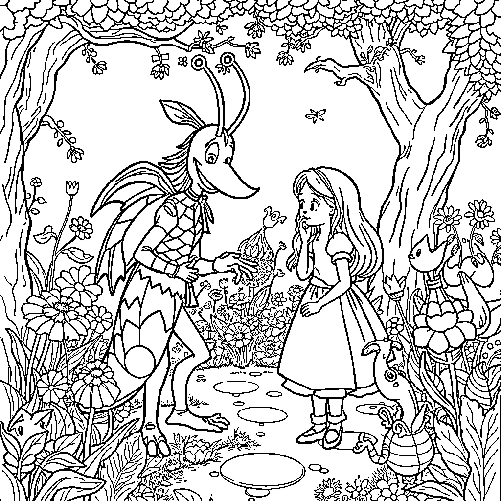 Hooky Adventure in the Enchanted Forest Coloring Page (free black-and-white line drawing printable PDF for all, from beginners to advanced learners, including children, teens, adults, and seniors)