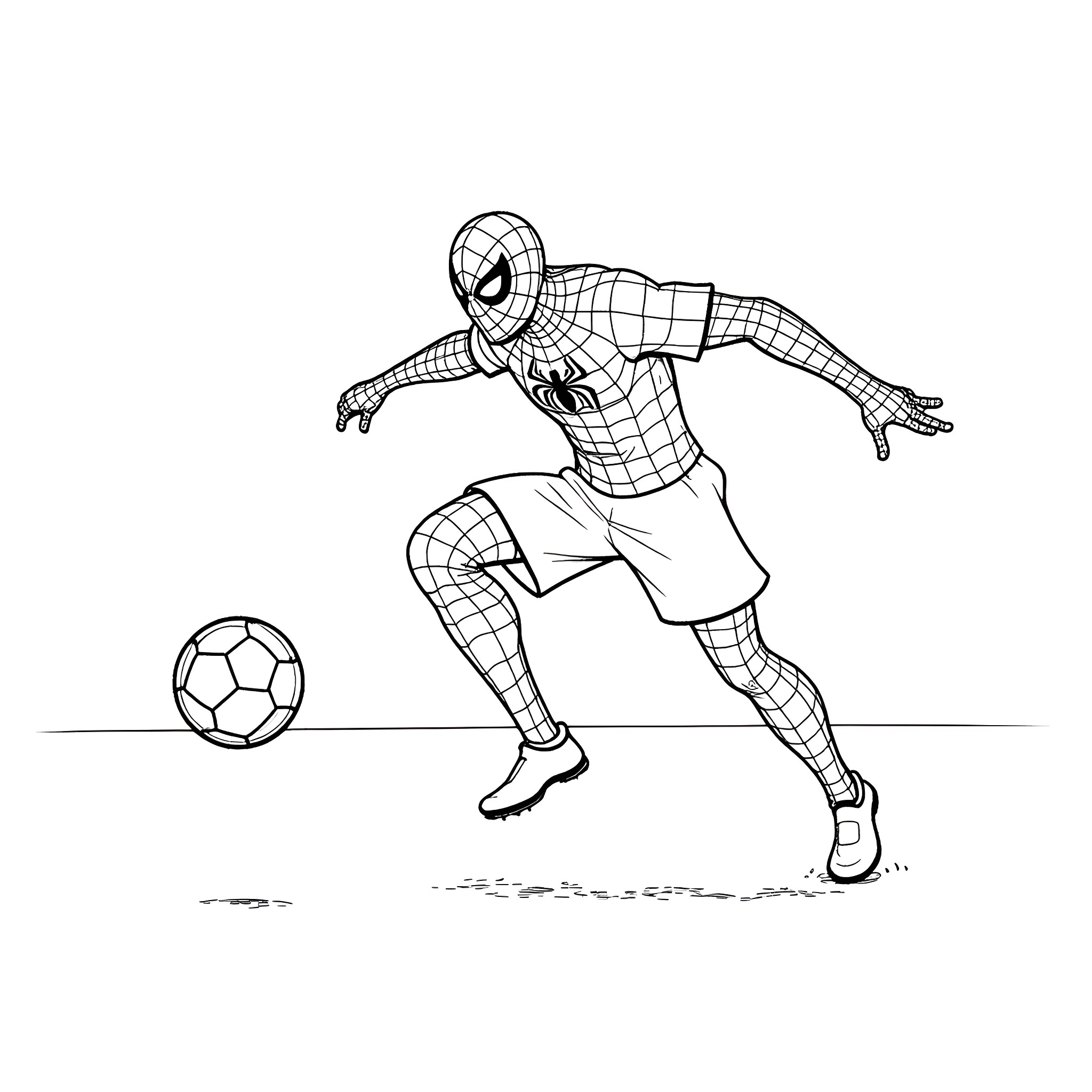 Spiderman Playing Soccer on the Field Coloring Page (free black-and-white line drawing printable PDF for all, from beginners to advanced learners, including children, teens, adults, and seniors)