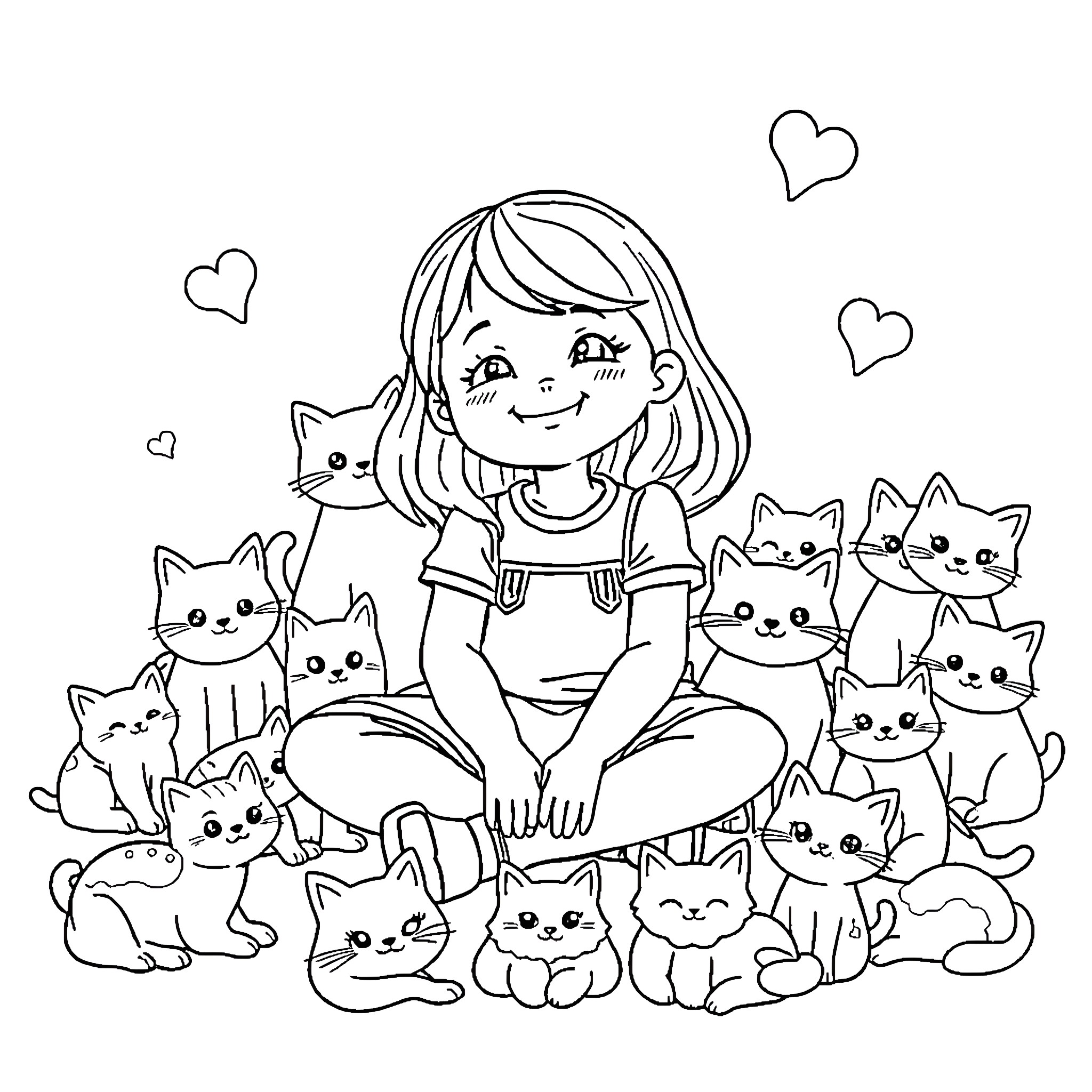 Girl surrounded by playful kittens Coloring Page (free black-and-white line drawing printable PDF for all, from beginners to advanced learners, including children, teens, adults, and seniors)