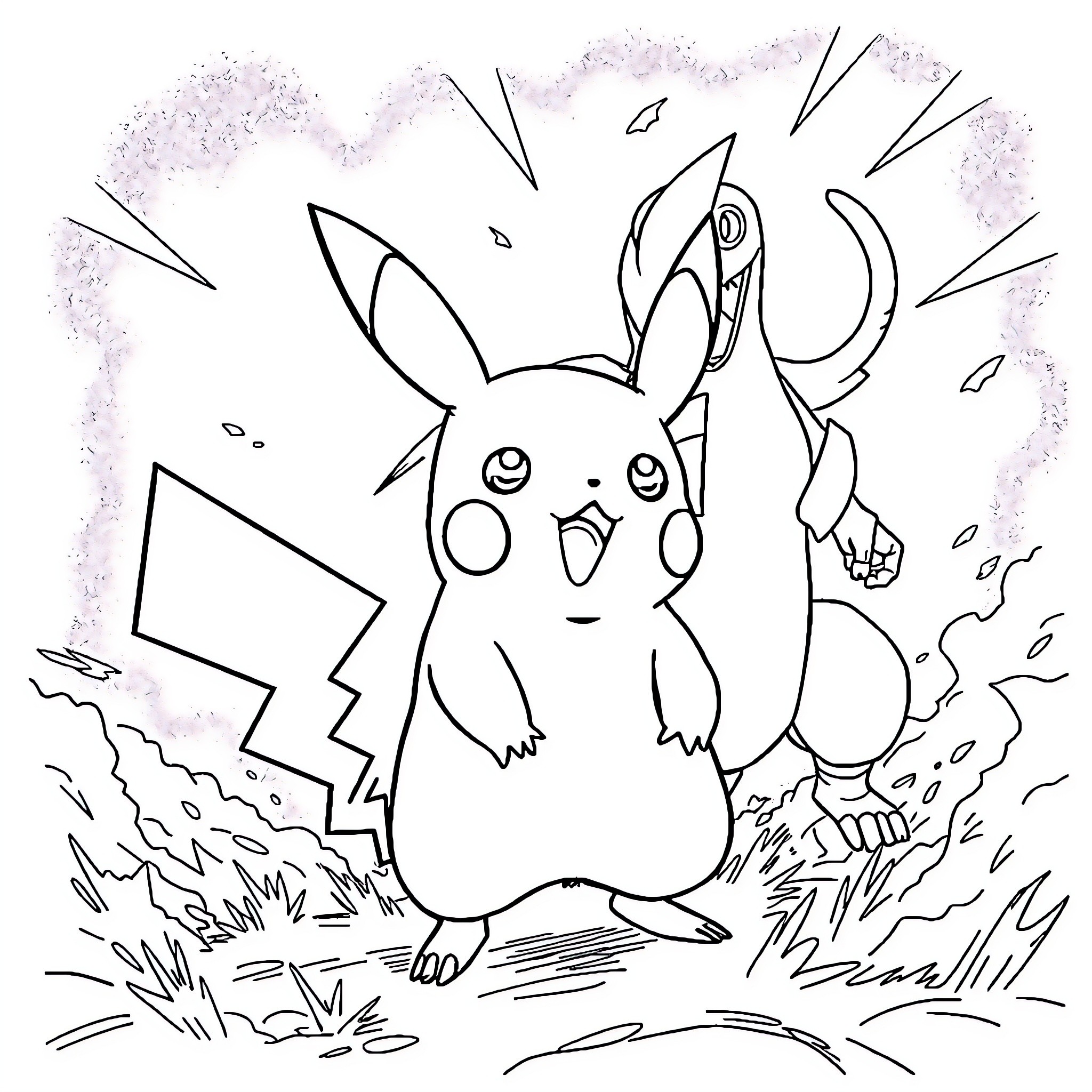 Pikachu Unleashing Powerful Electricity Outdoors Coloring Page (free black-and-white line drawing printable PDF for all, from beginners to advanced learners, including children, teens, adults, and seniors)