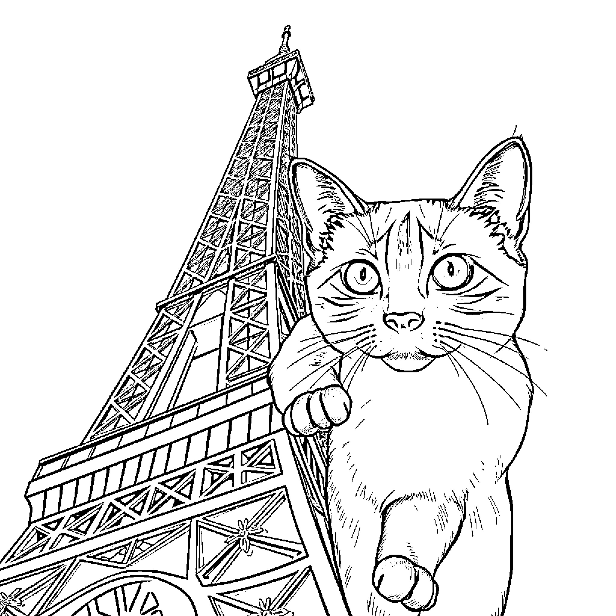 Siamese Cat exploring Paris landmarks Coloring Page (free black-and-white line drawing printable PDF for all, from beginners to advanced learners, including children, teens, adults, and seniors)